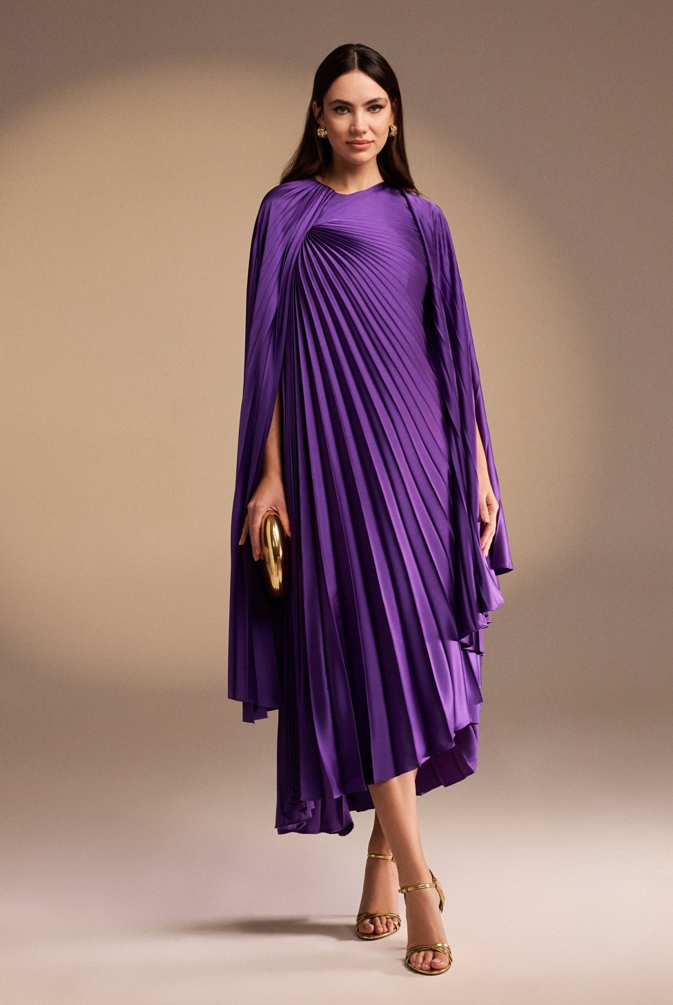 Cape Pleated Satin Midi Dress - shopaleena