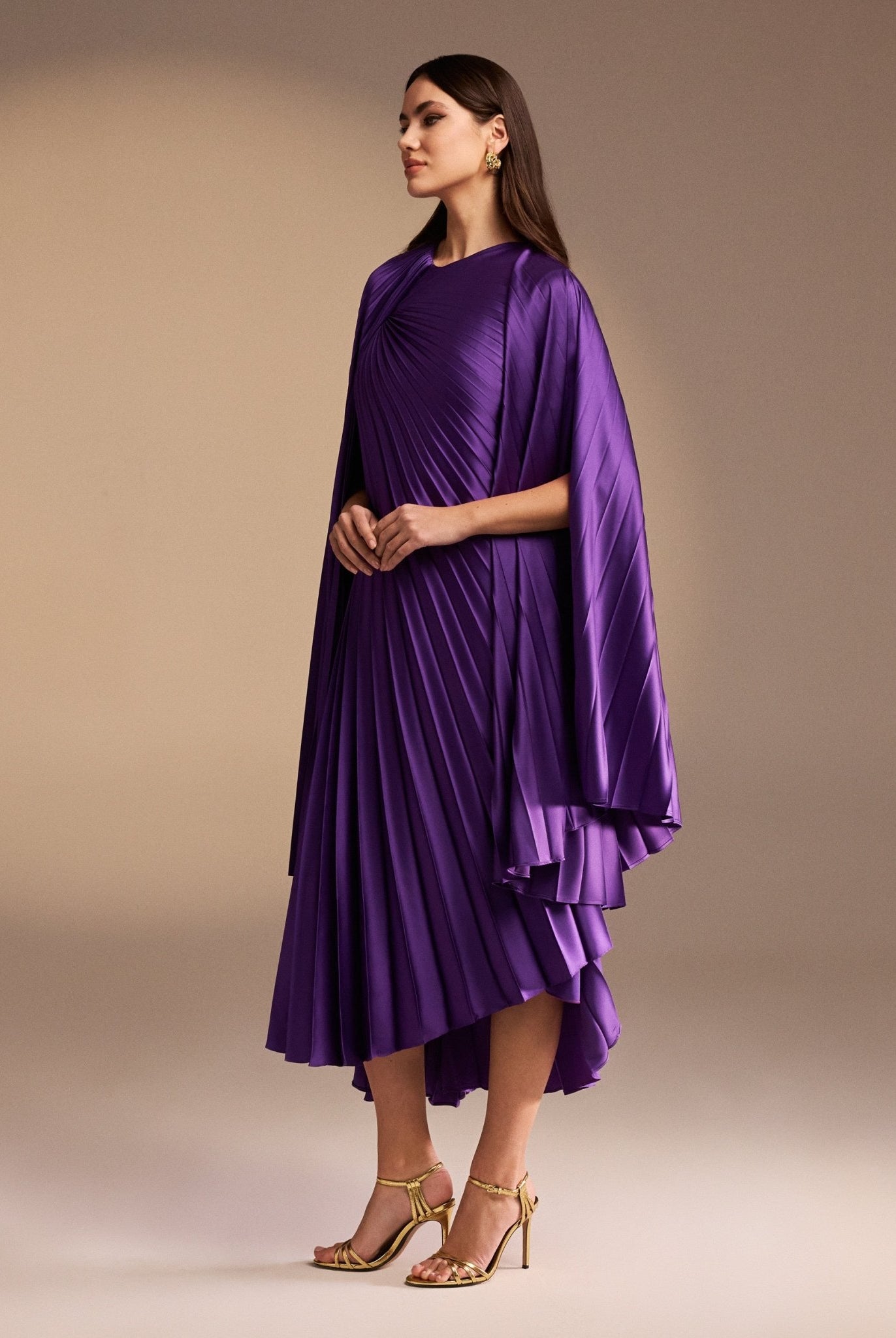 Cape Pleated Satin Midi Dress - shopaleena