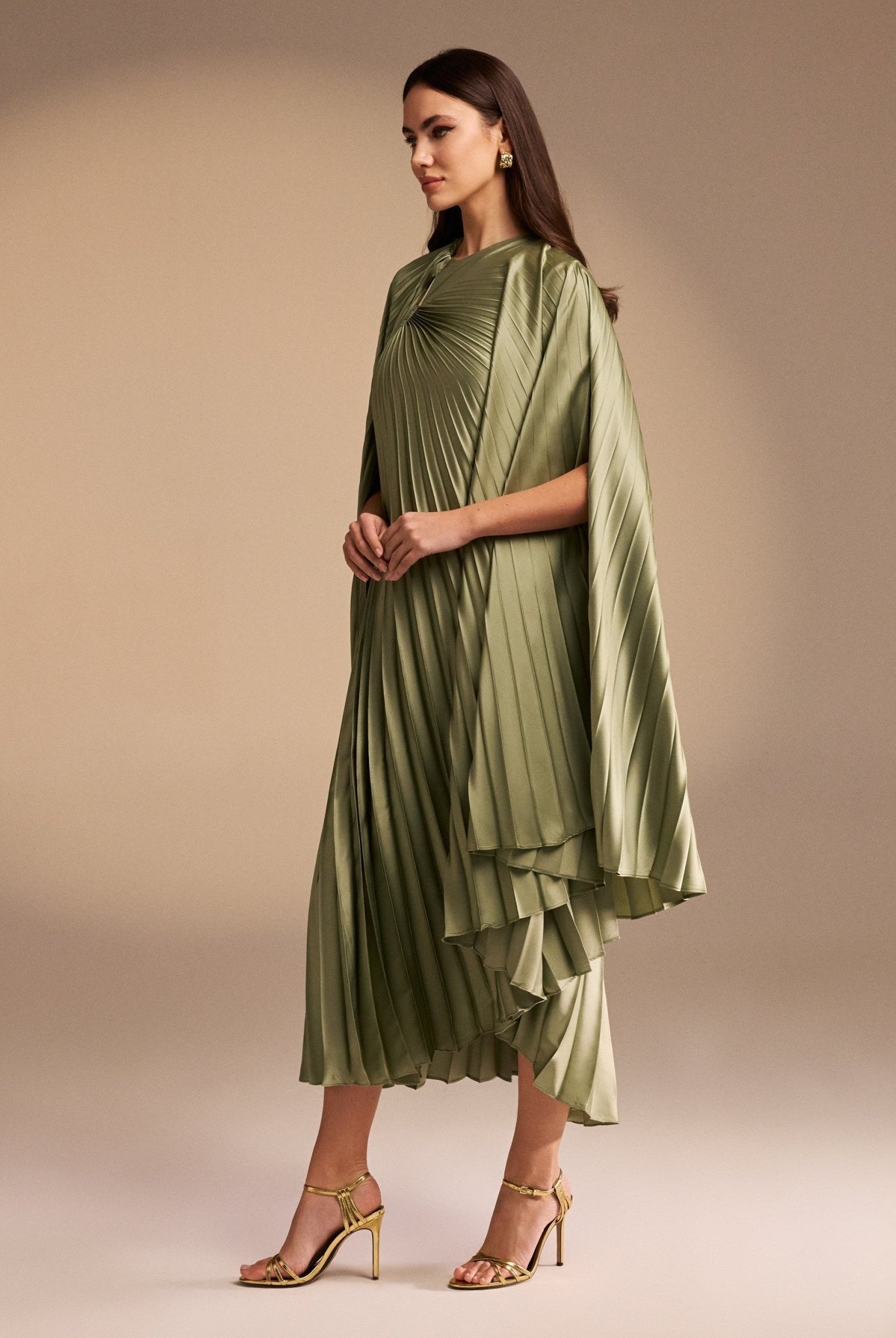 Cape Pleated Satin Midi Dress - shopaleena