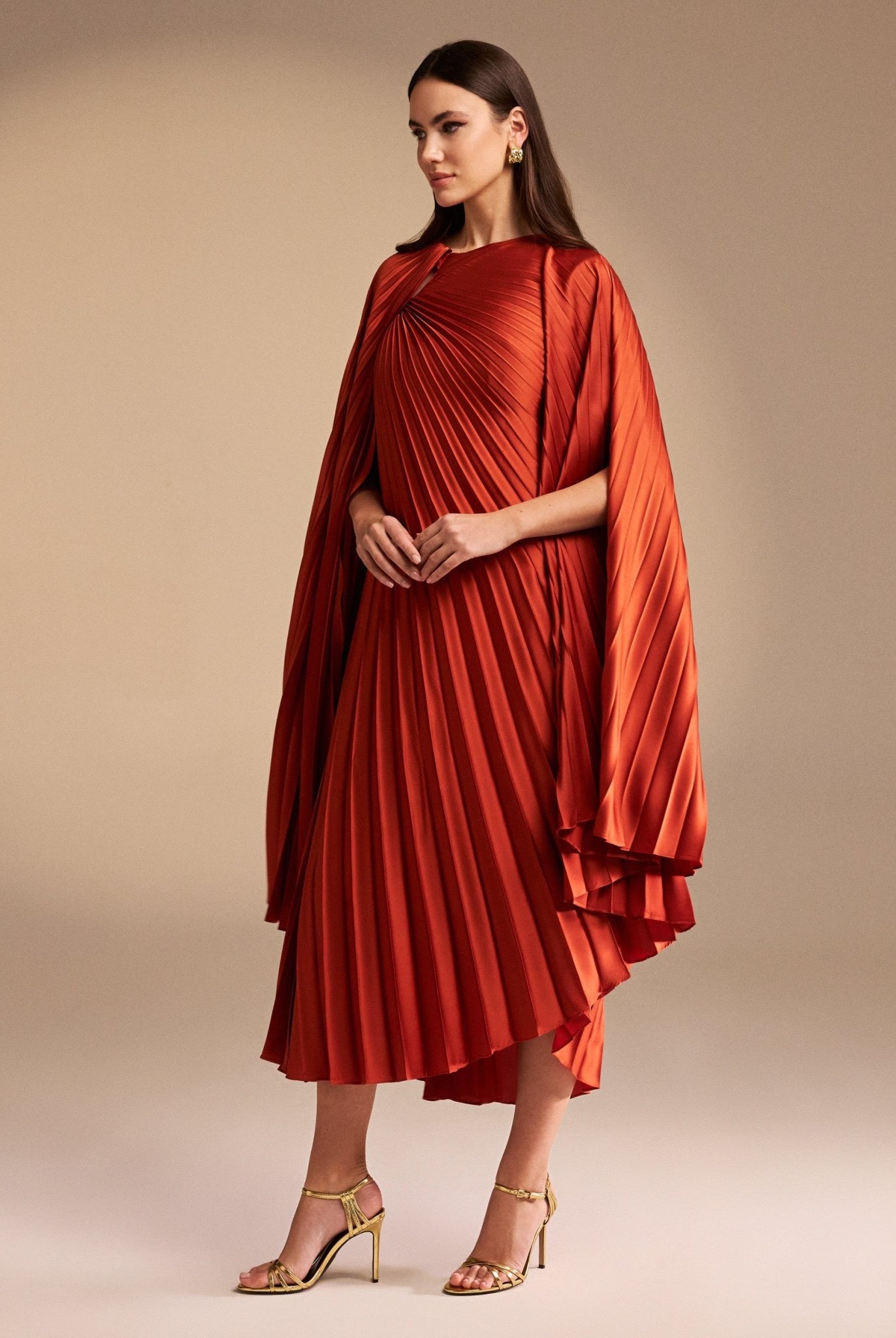 Cape Pleated Satin Midi Dress - shopaleena