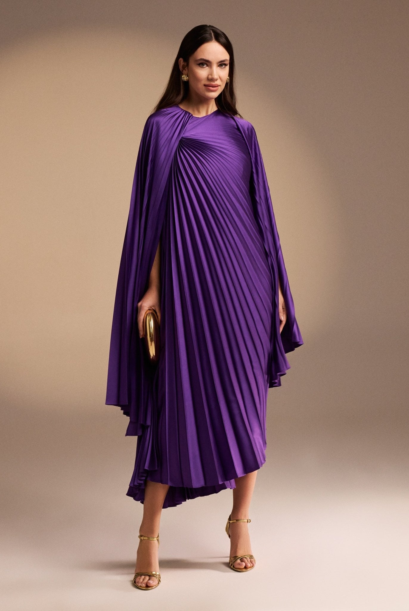 Cape Pleated Satin Midi Dress - shopaleena