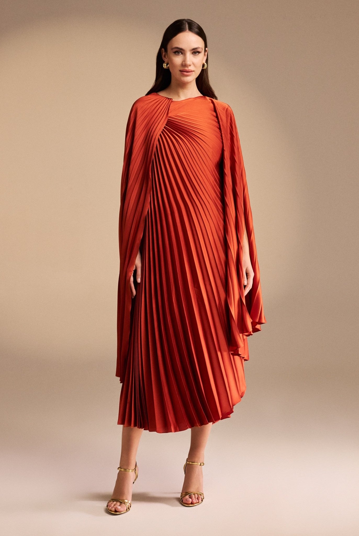 Cape Pleated Satin Midi Dress - shopaleena