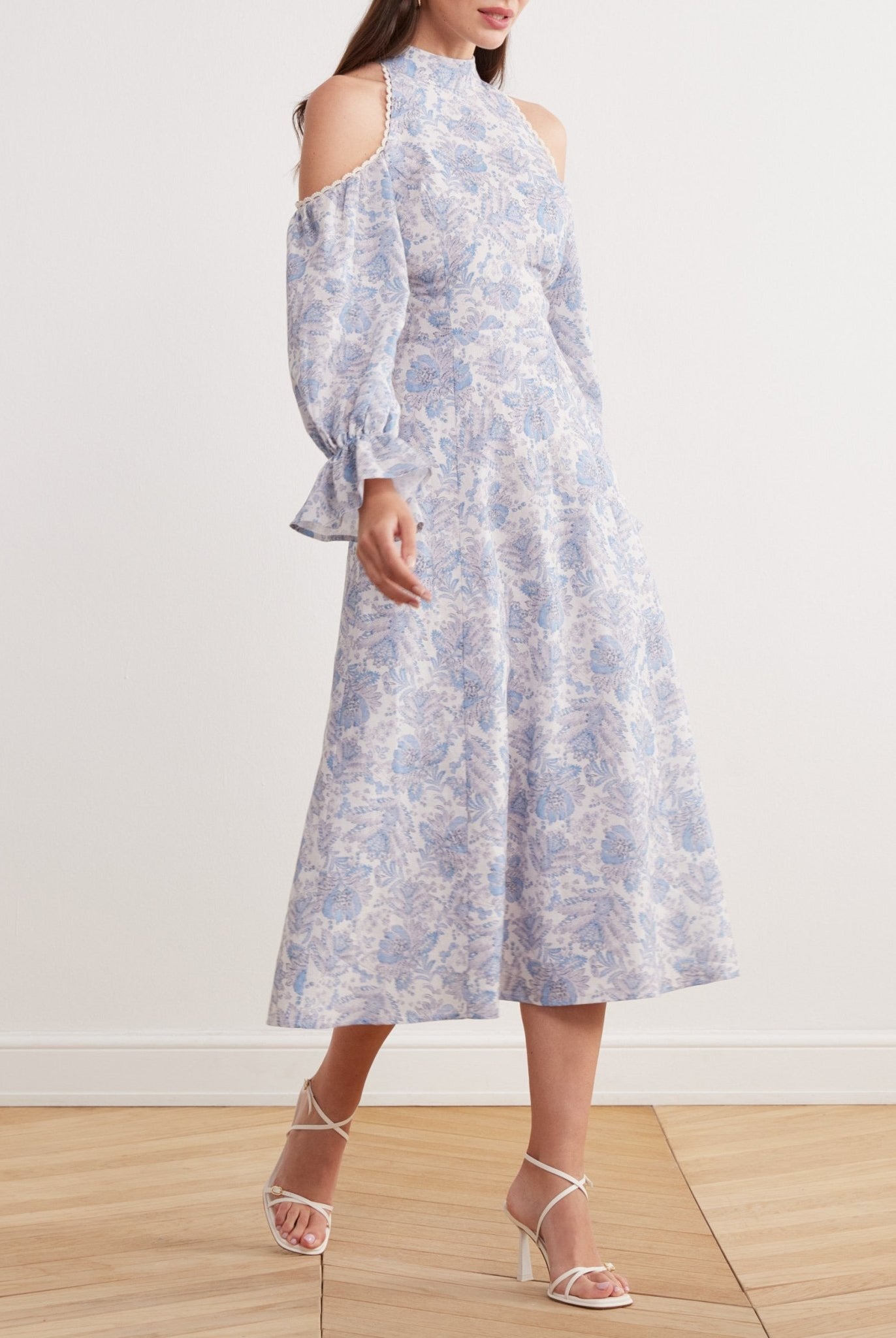 Cold Shoulder Long Poet Sleeve Midi Dress in Linen Cotton Blend - shopaleena