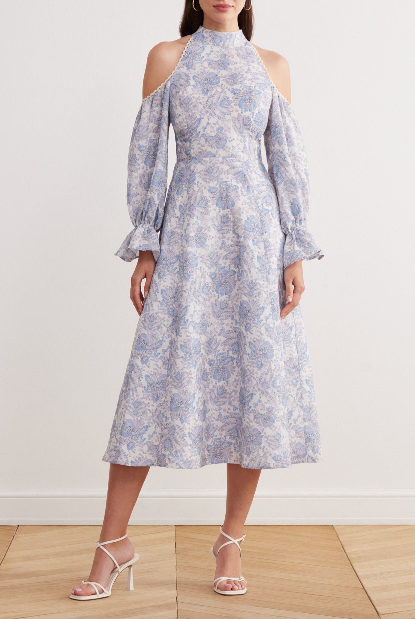 Cold Shoulder Long Poet Sleeve Midi Dress in Linen Cotton Blend - shopaleena