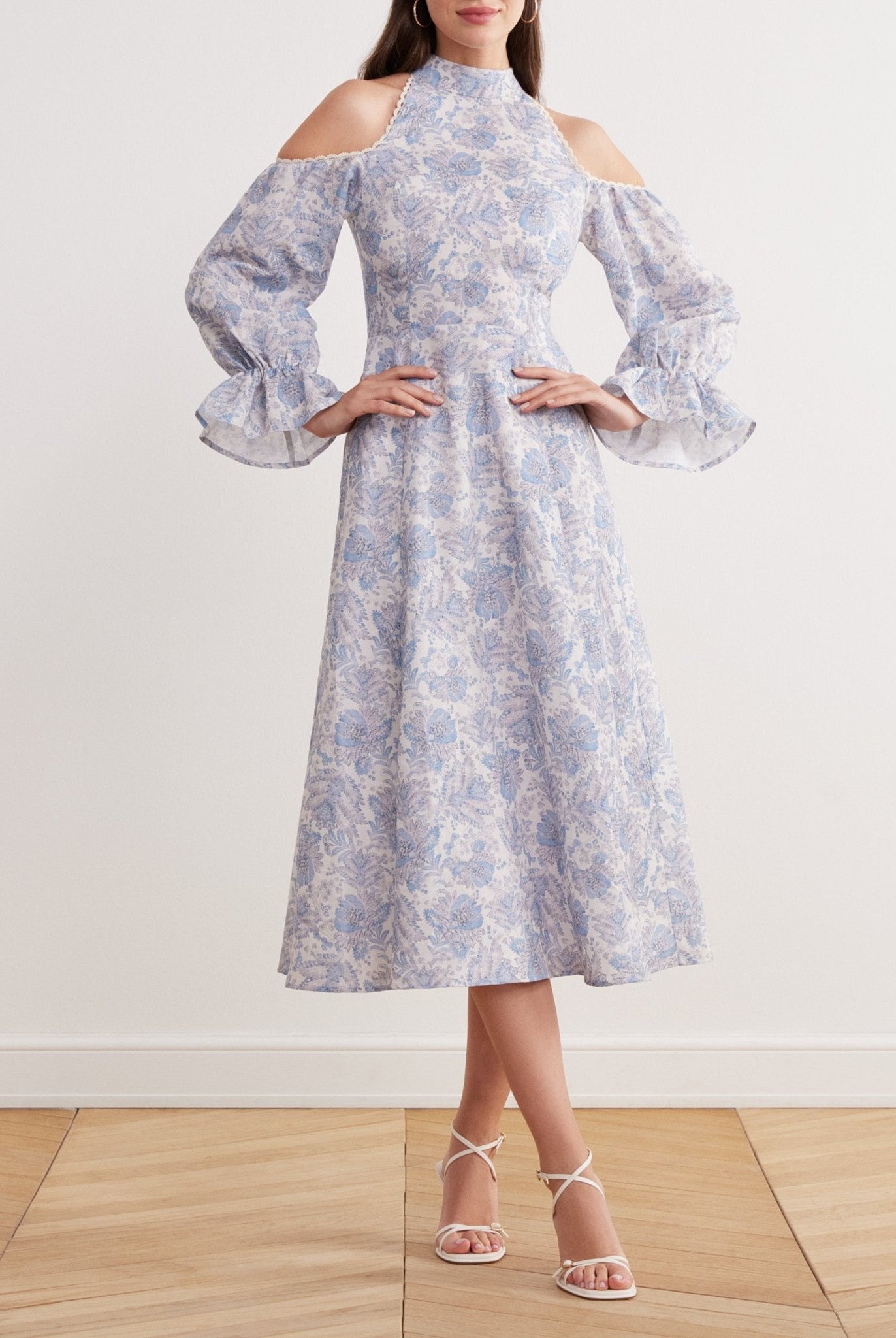 Cold Shoulder Long Poet Sleeve Midi Dress in Linen Cotton Blend - shopaleena