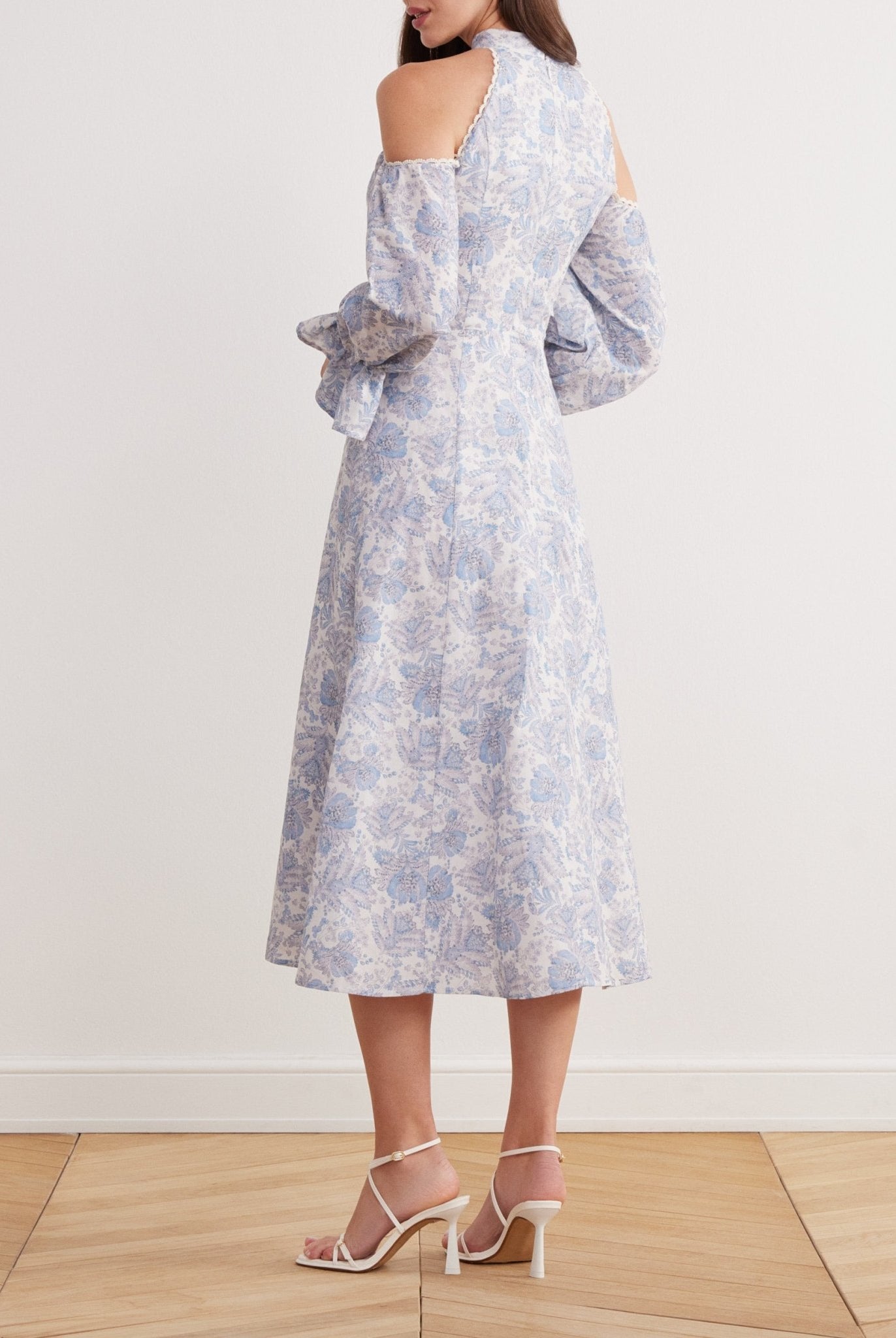 Cold Shoulder Long Poet Sleeve Midi Dress in Linen Cotton Blend - shopaleena