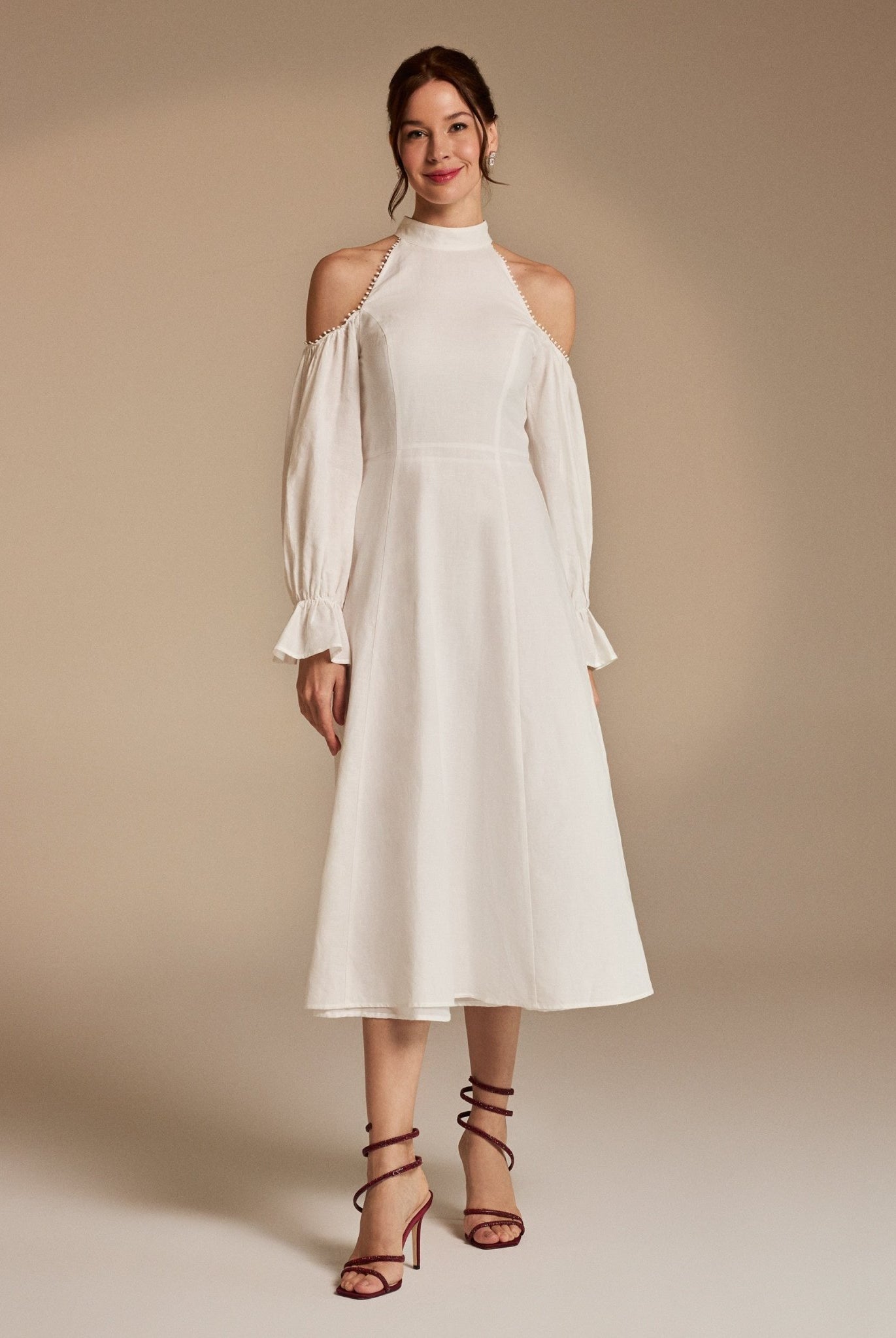 Cold Shoulder Long Poet Sleeve Midi Dress - shopaleena