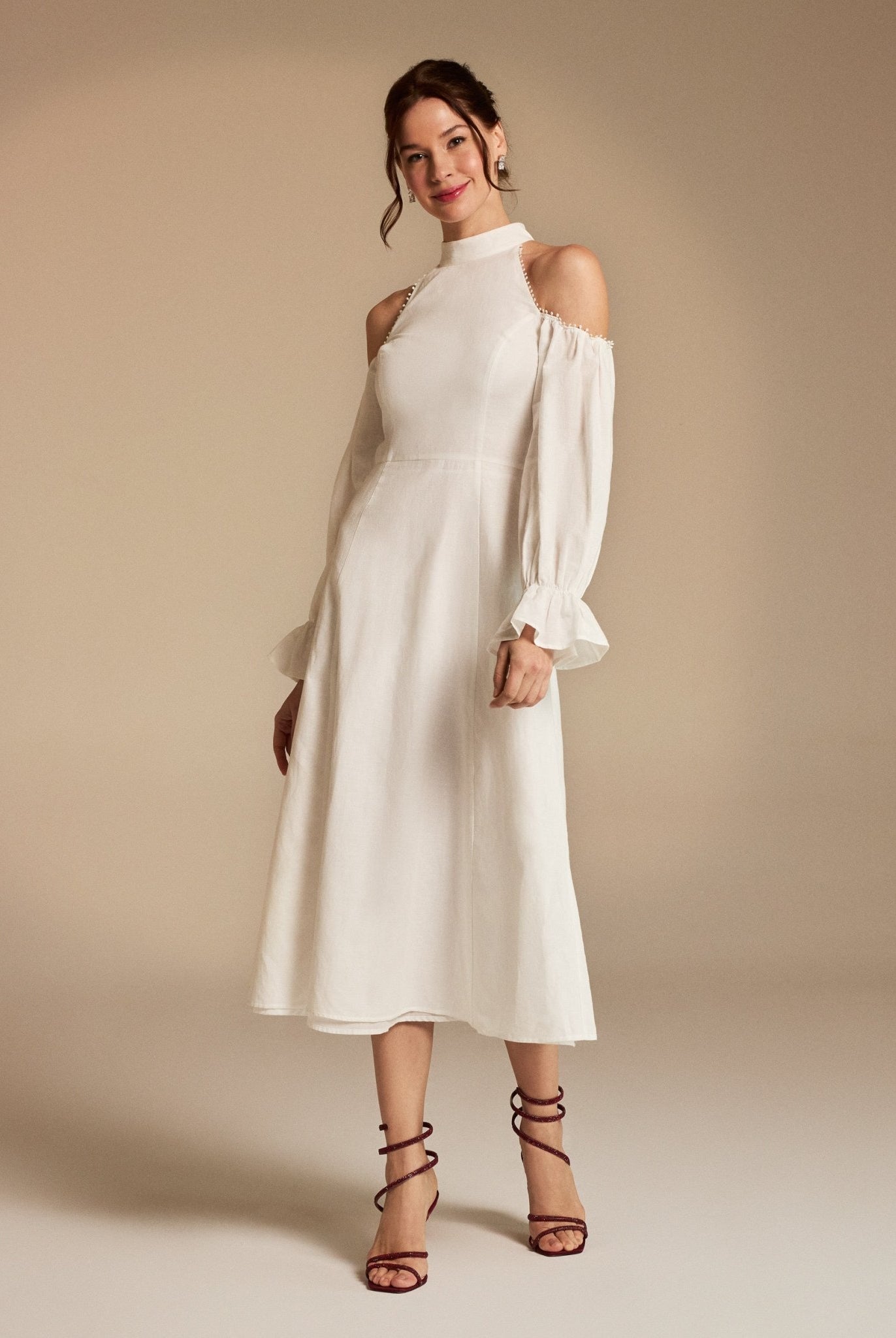 Cold Shoulder Long Poet Sleeve Midi Dress - shopaleena