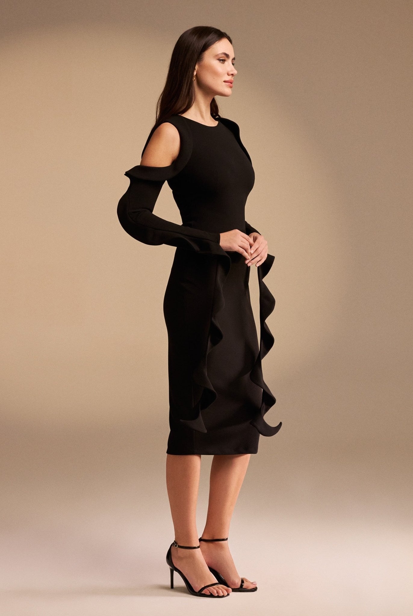 Cold Shoulder Midi Dress With Detailed Sleeves - shopaleena