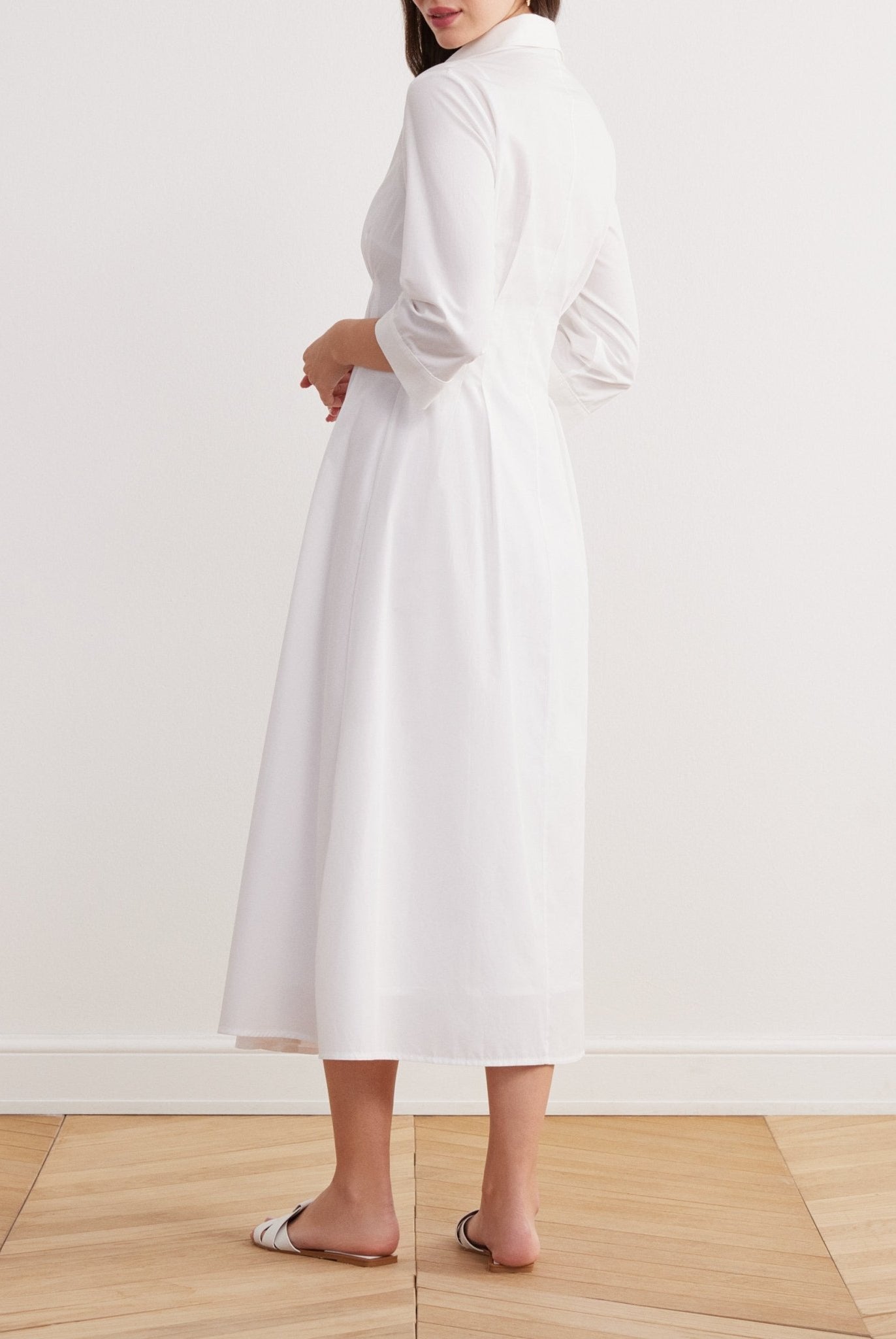 Collared 3/4-Sleeved Midi Shirt Dress in Cotton - shopaleena