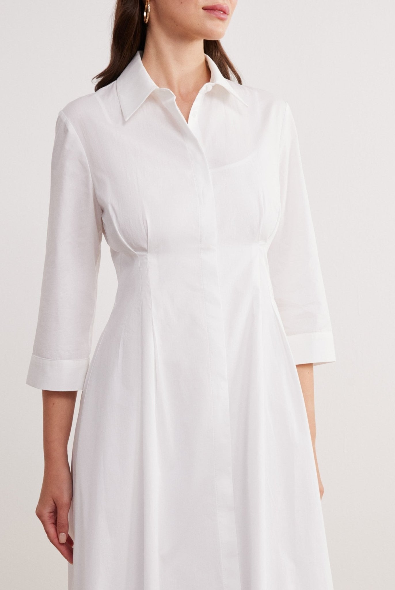 Collared 3/4-Sleeved Midi Shirt Dress in Cotton - shopaleena