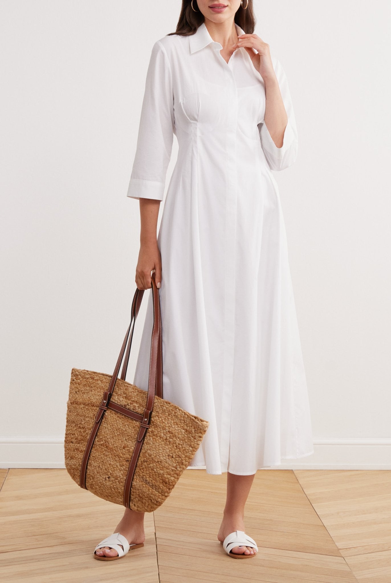 Collared 3/4-Sleeved Midi Shirt Dress in Cotton - shopaleena