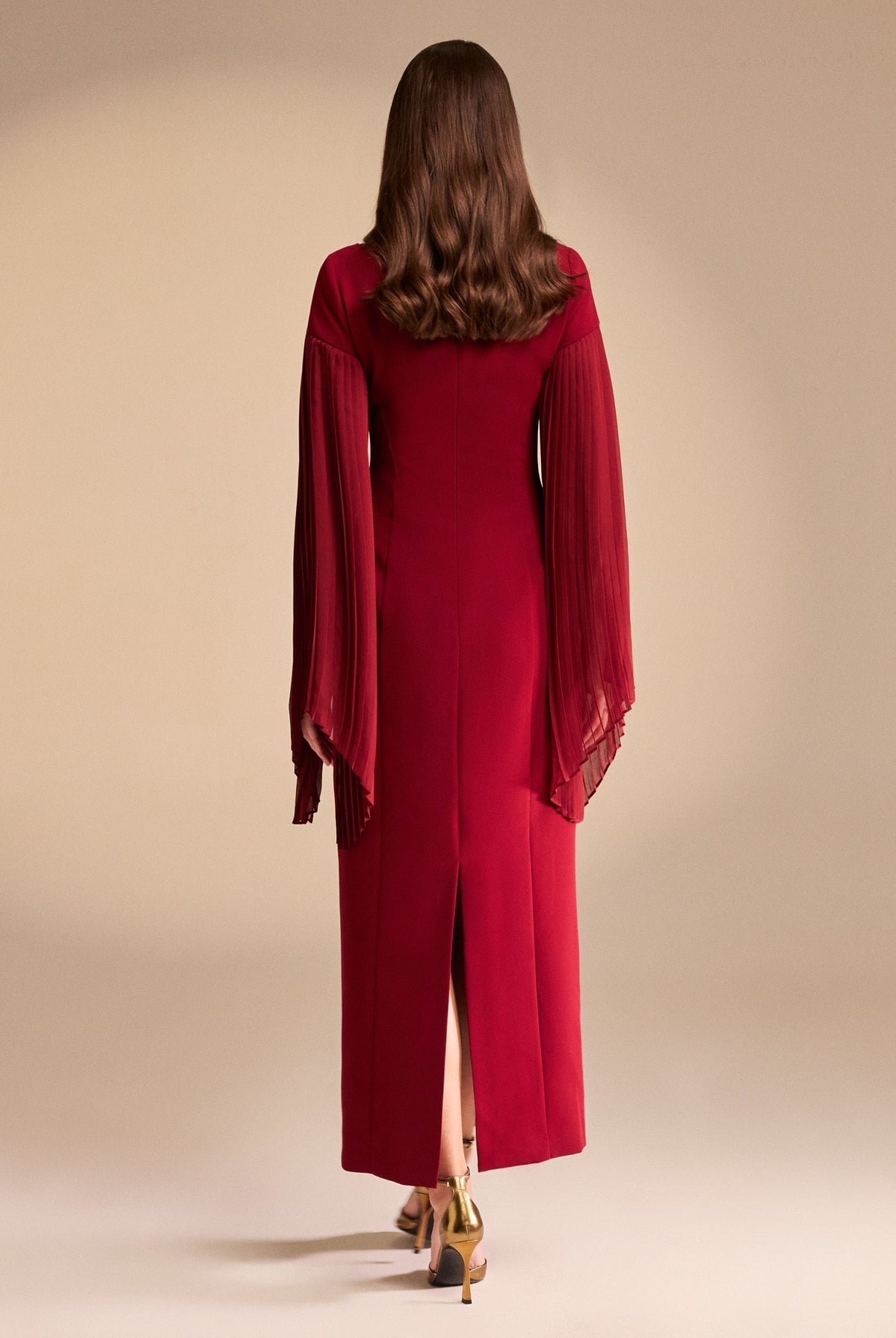 Crepe Midi Dress with Pleated Sleeve - shopaleena