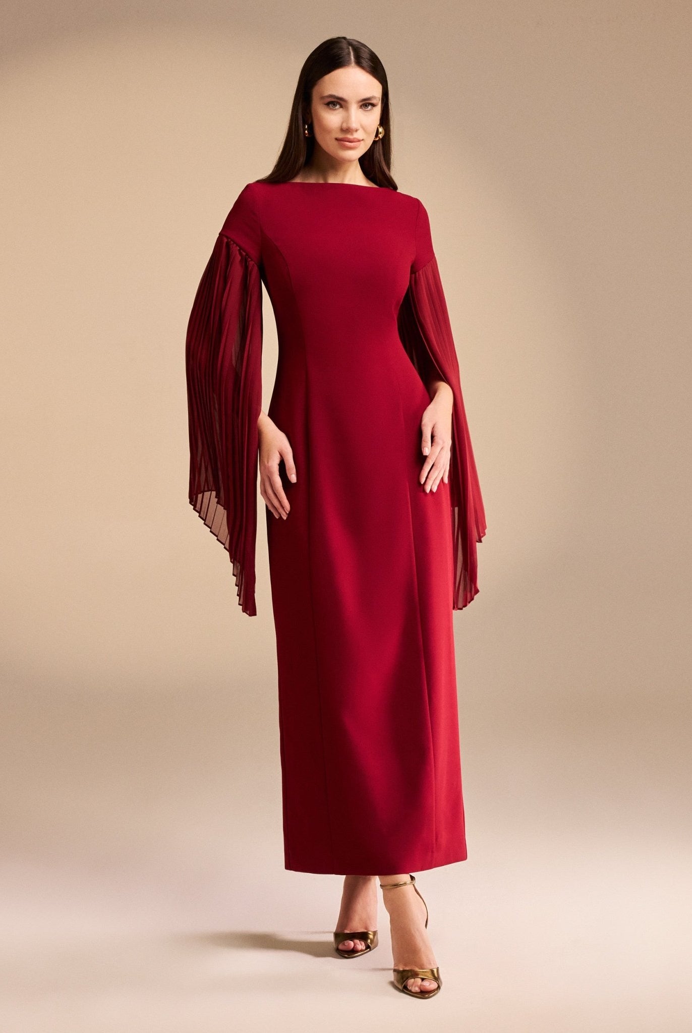 Crepe Midi Dress with Pleated Sleeve - shopaleena