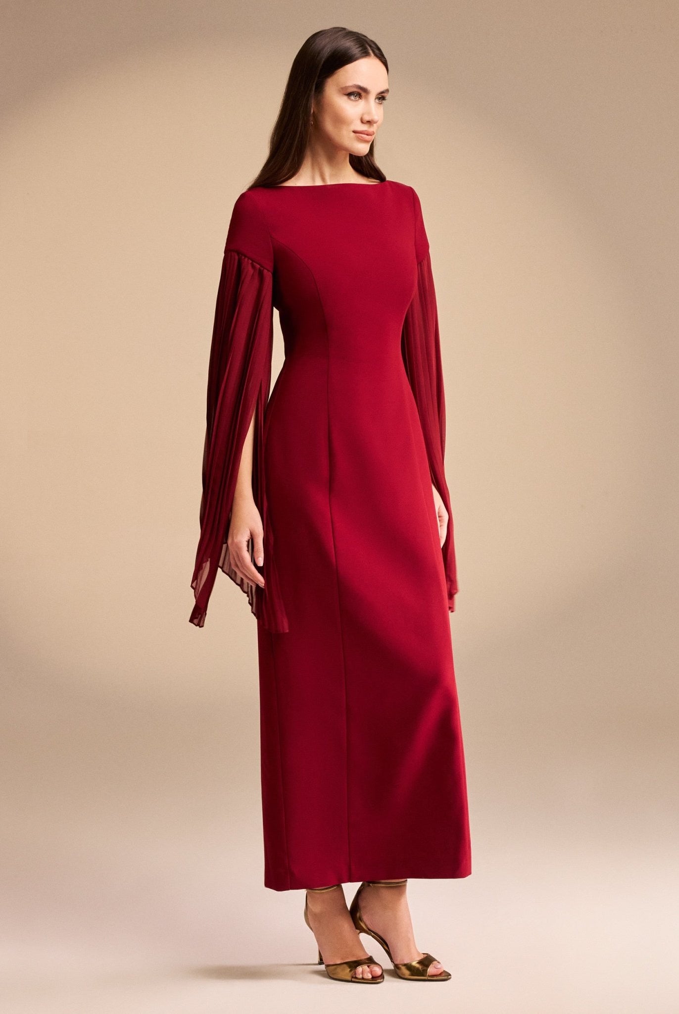 Crepe Midi Dress with Pleated Sleeve - shopaleena