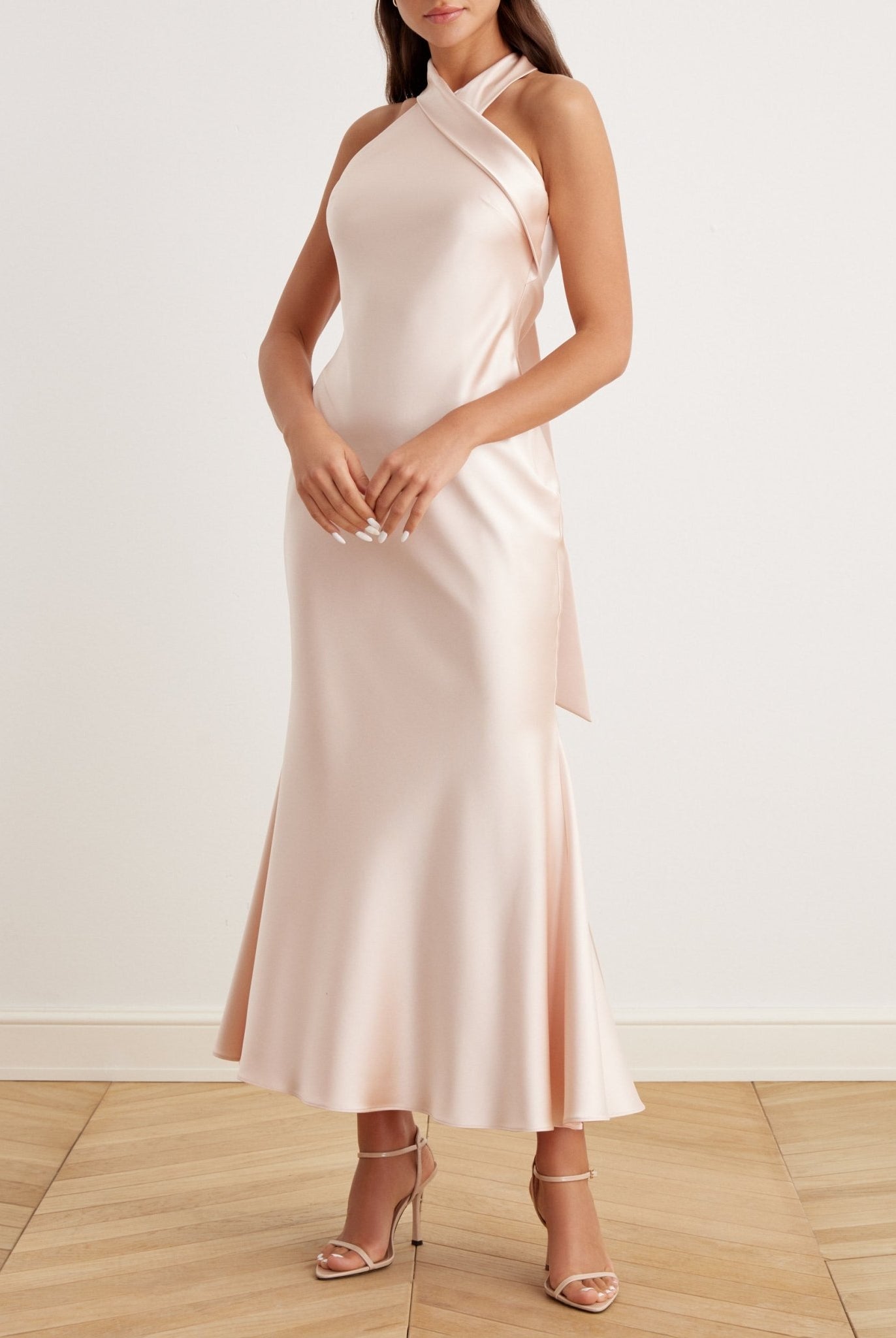 Criss Cross Halter Satin Maxi Dress Nude - shopaleena