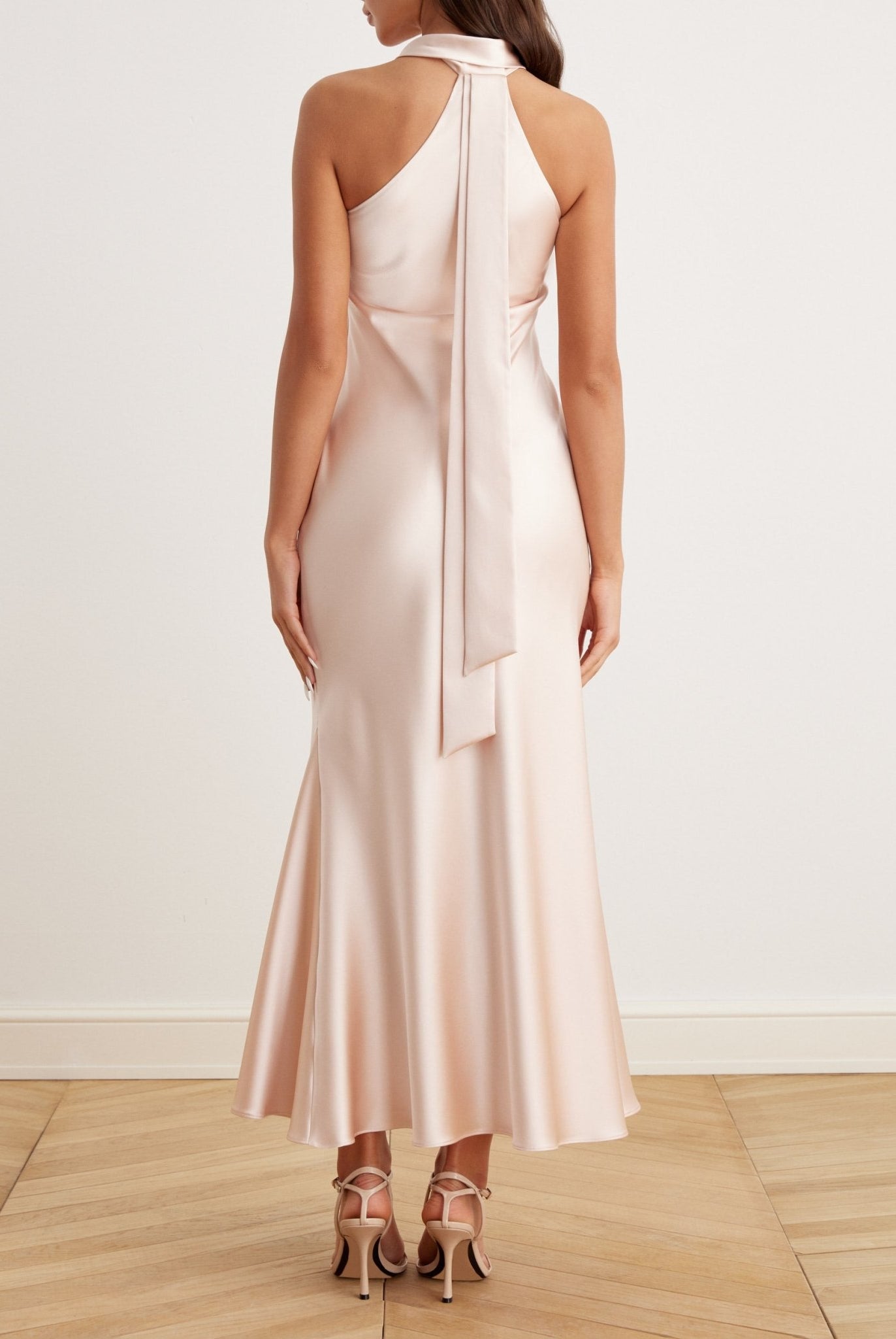 Criss Cross Halter Satin Maxi Dress Nude - shopaleena