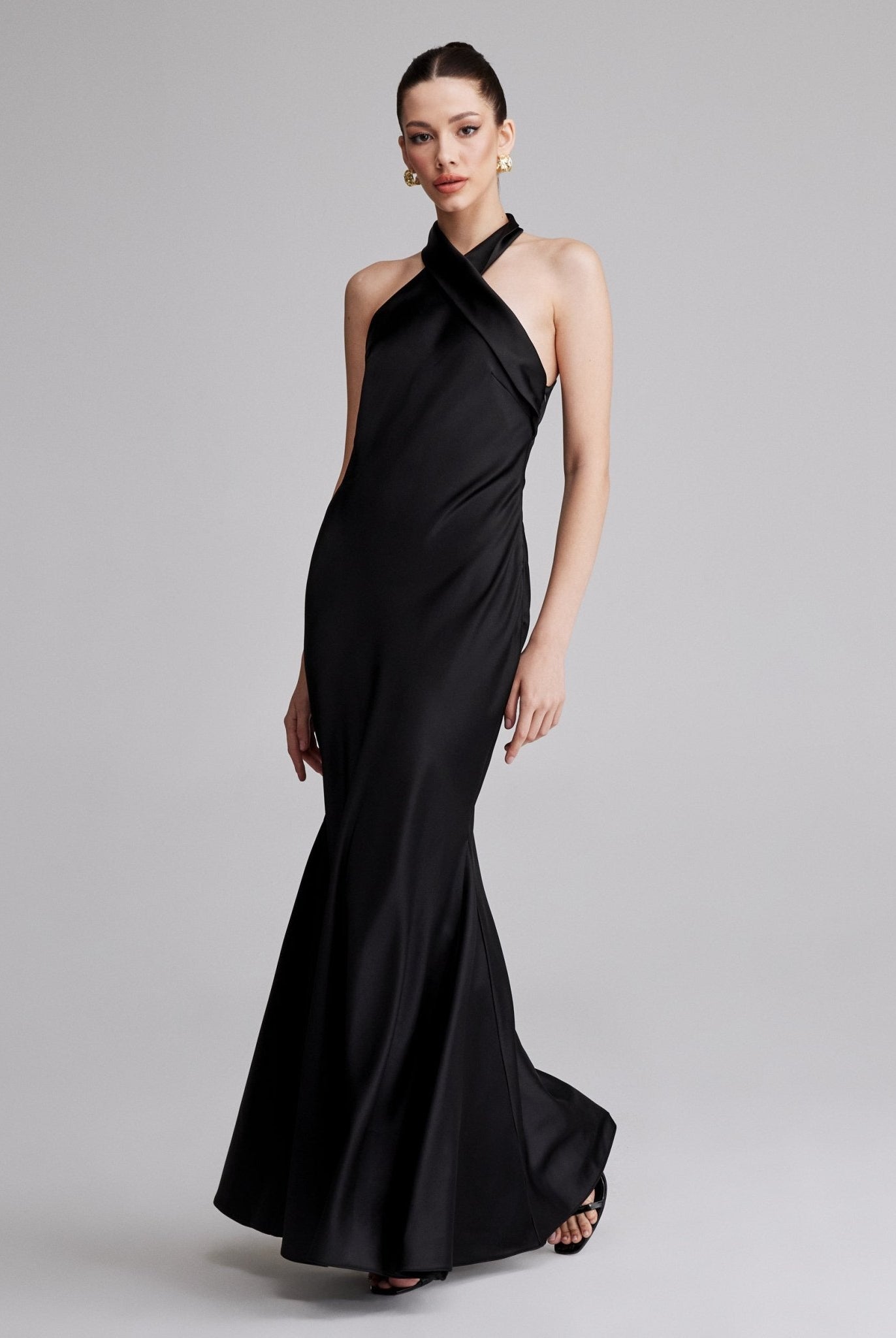 Criss Cross Halter Satin Maxi Dress - shopaleena