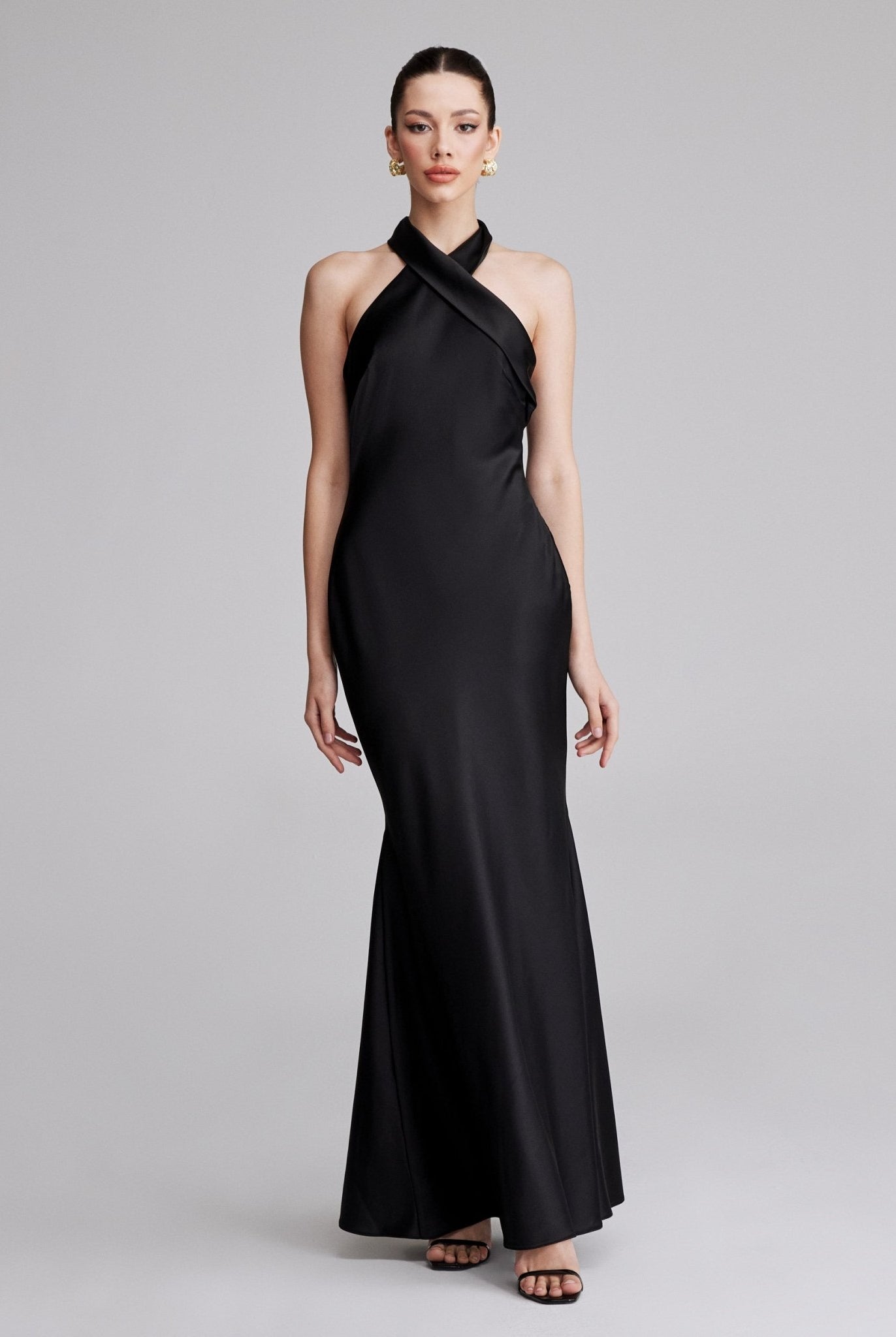 Criss Cross Halter Satin Maxi Dress - shopaleena