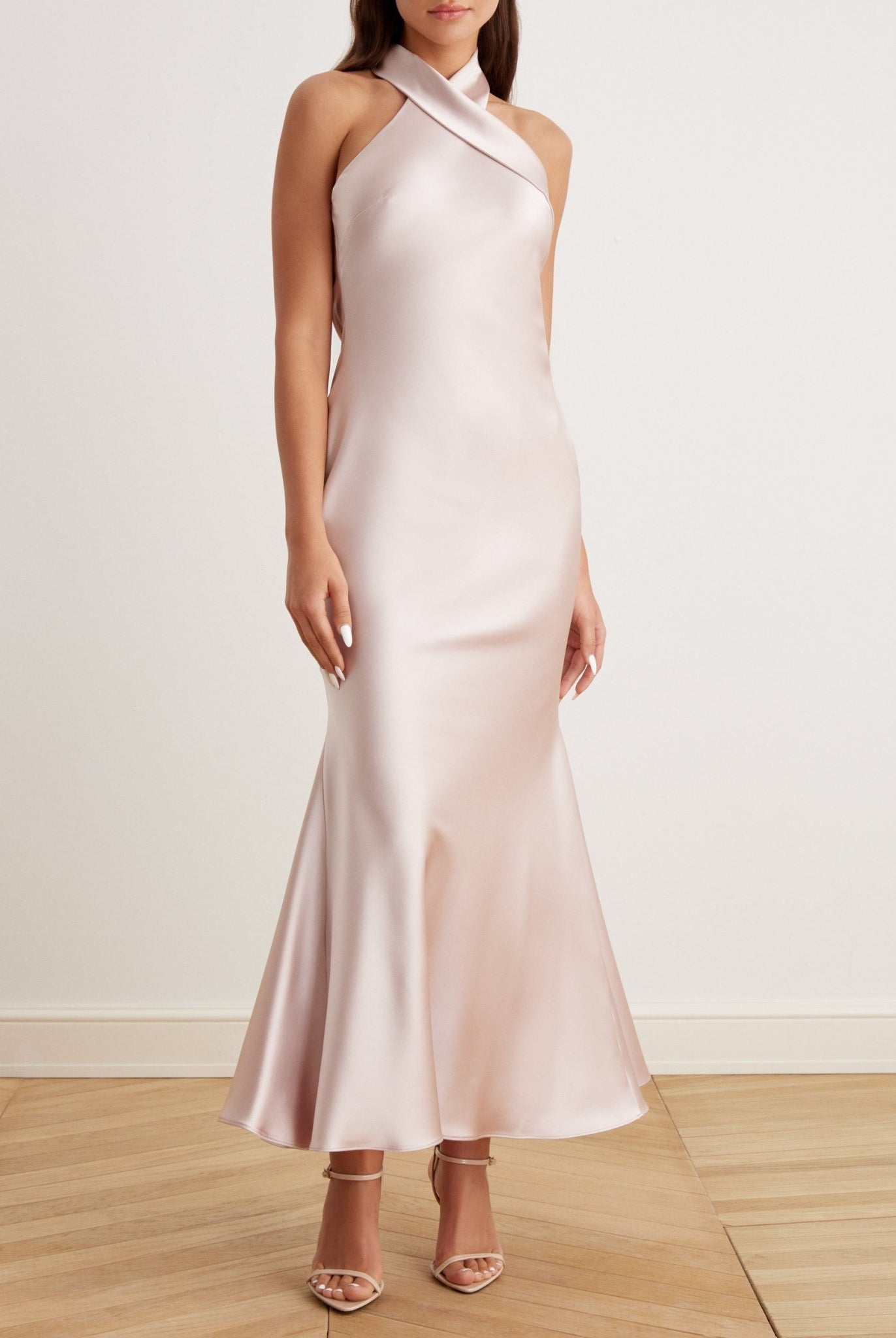 Criss Cross Halter Satin Maxi Dress - shopaleena