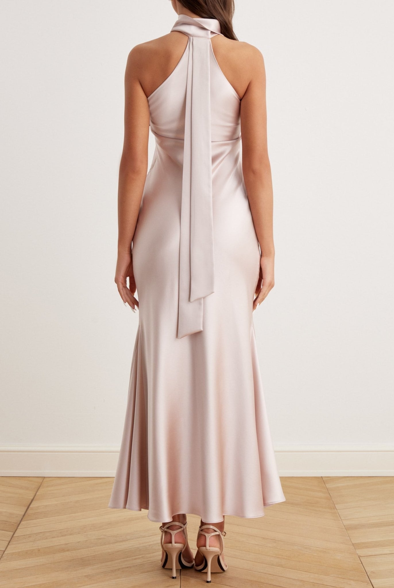 Criss Cross Halter Satin Maxi Dress - shopaleena