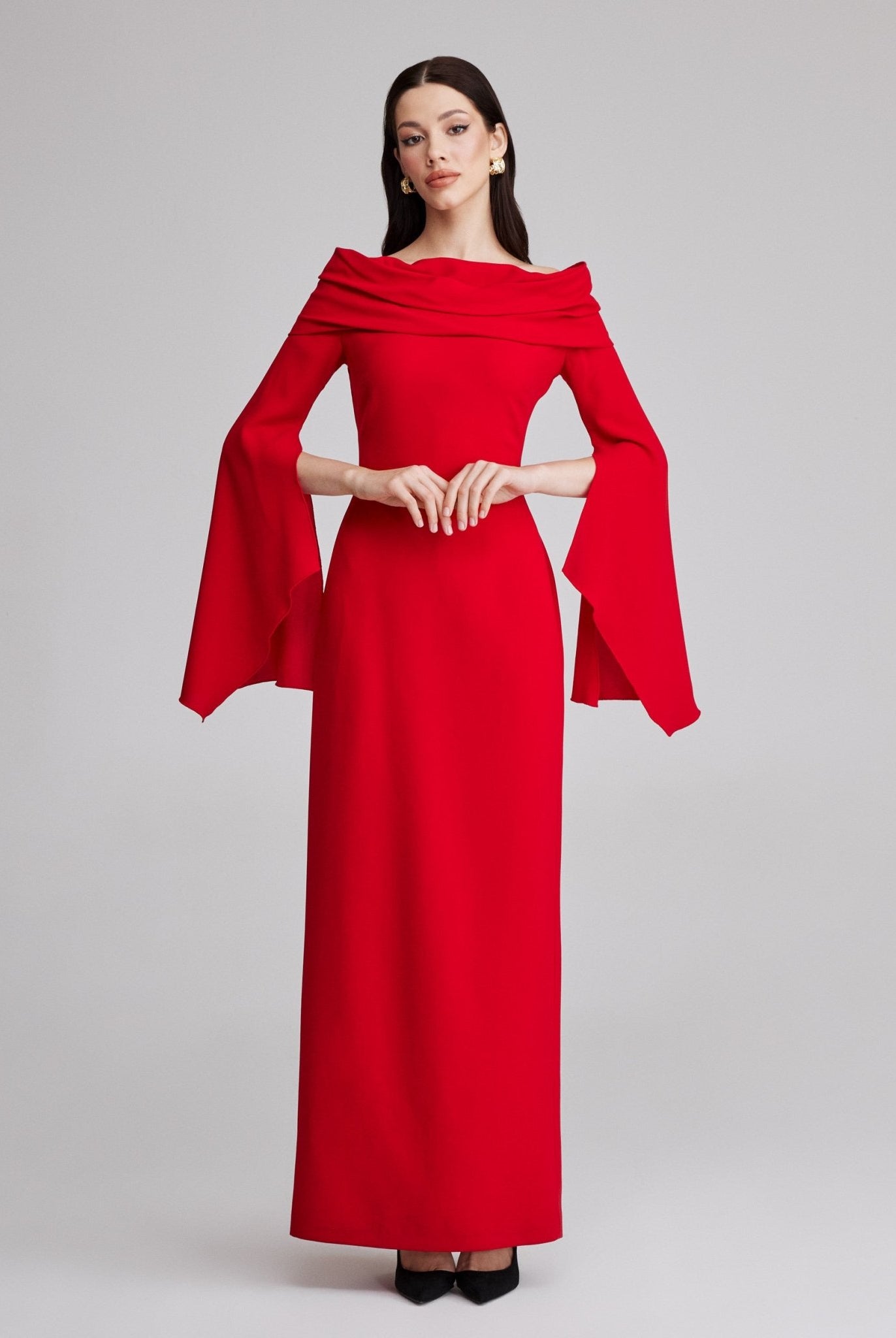 Draped off shoulder crepe midi dress - shopaleena
