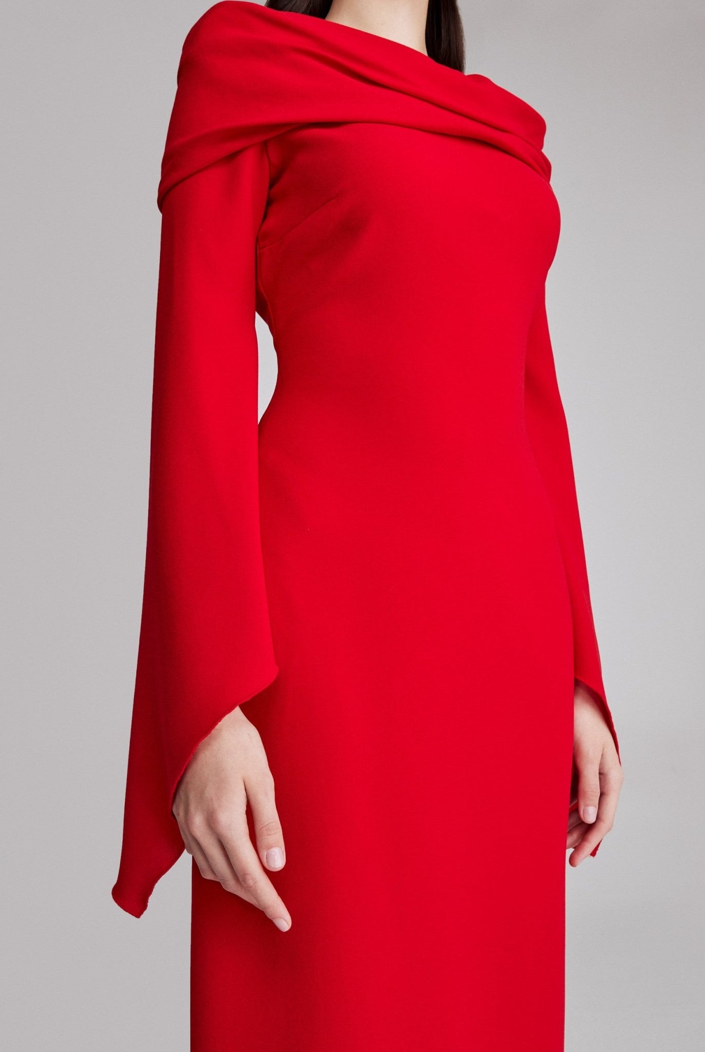 Draped off shoulder crepe midi dress - shopaleena