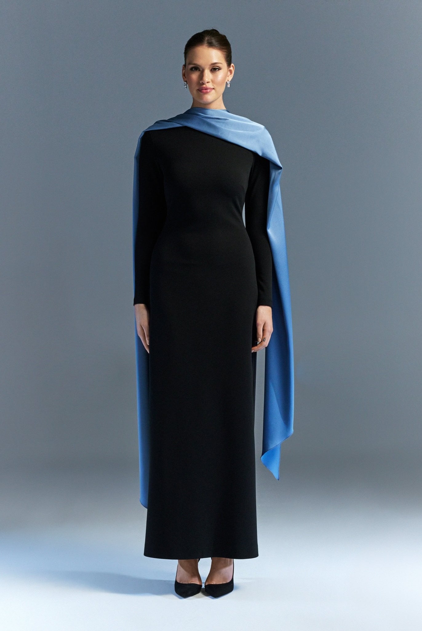 Long sleeve crepe dress with satin scarf - shopaleena