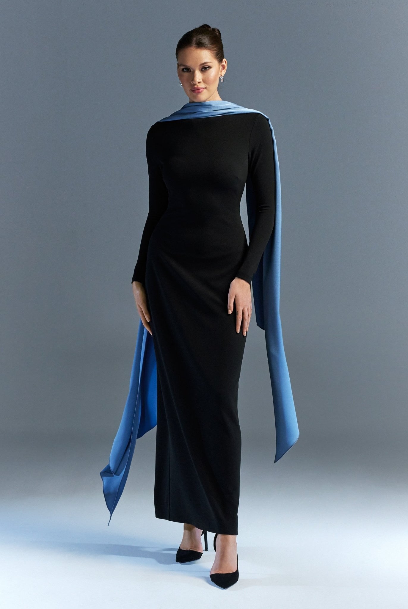 Long sleeve crepe dress with satin scarf - shopaleena
