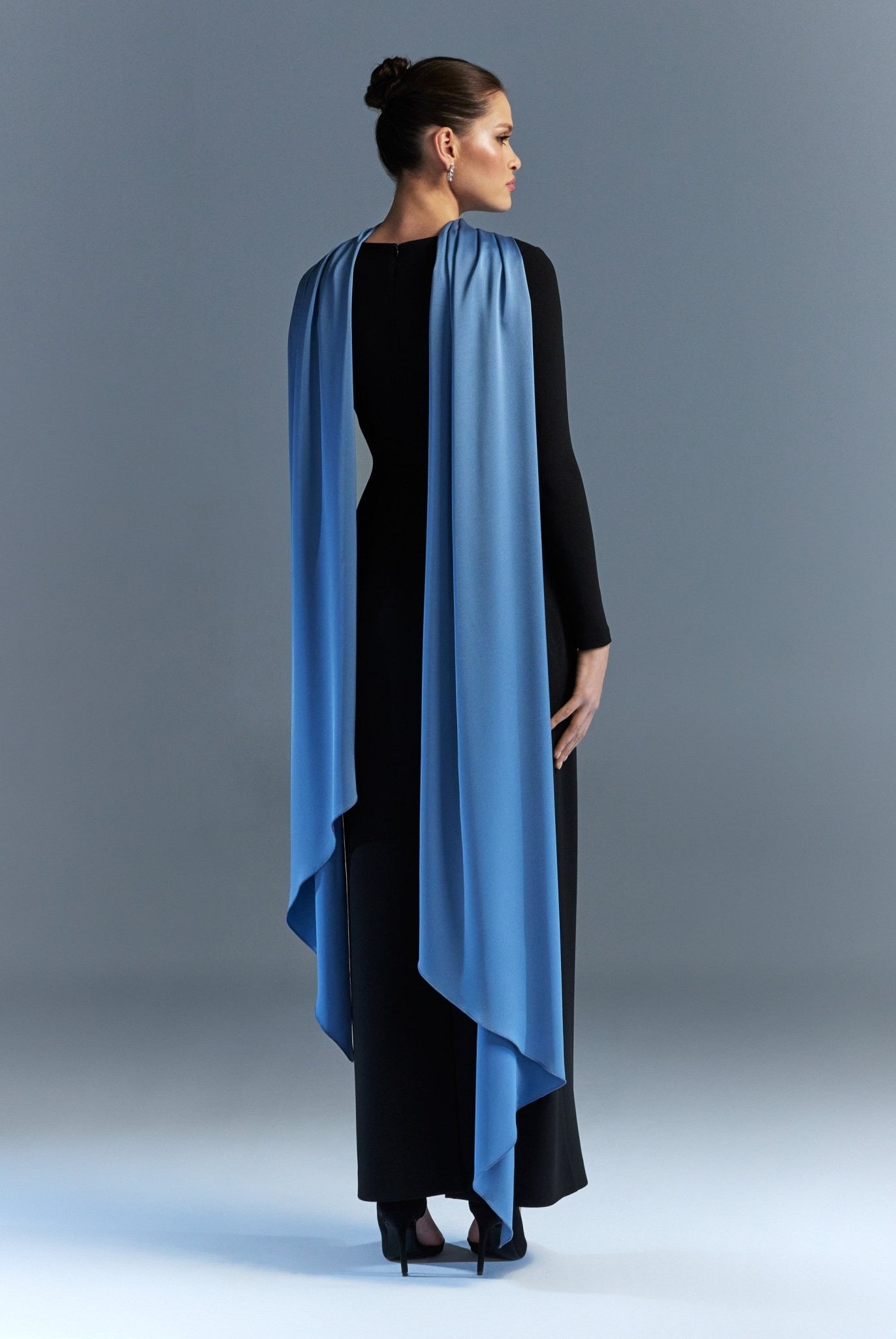 Long sleeve crepe dress with satin scarf - shopaleena