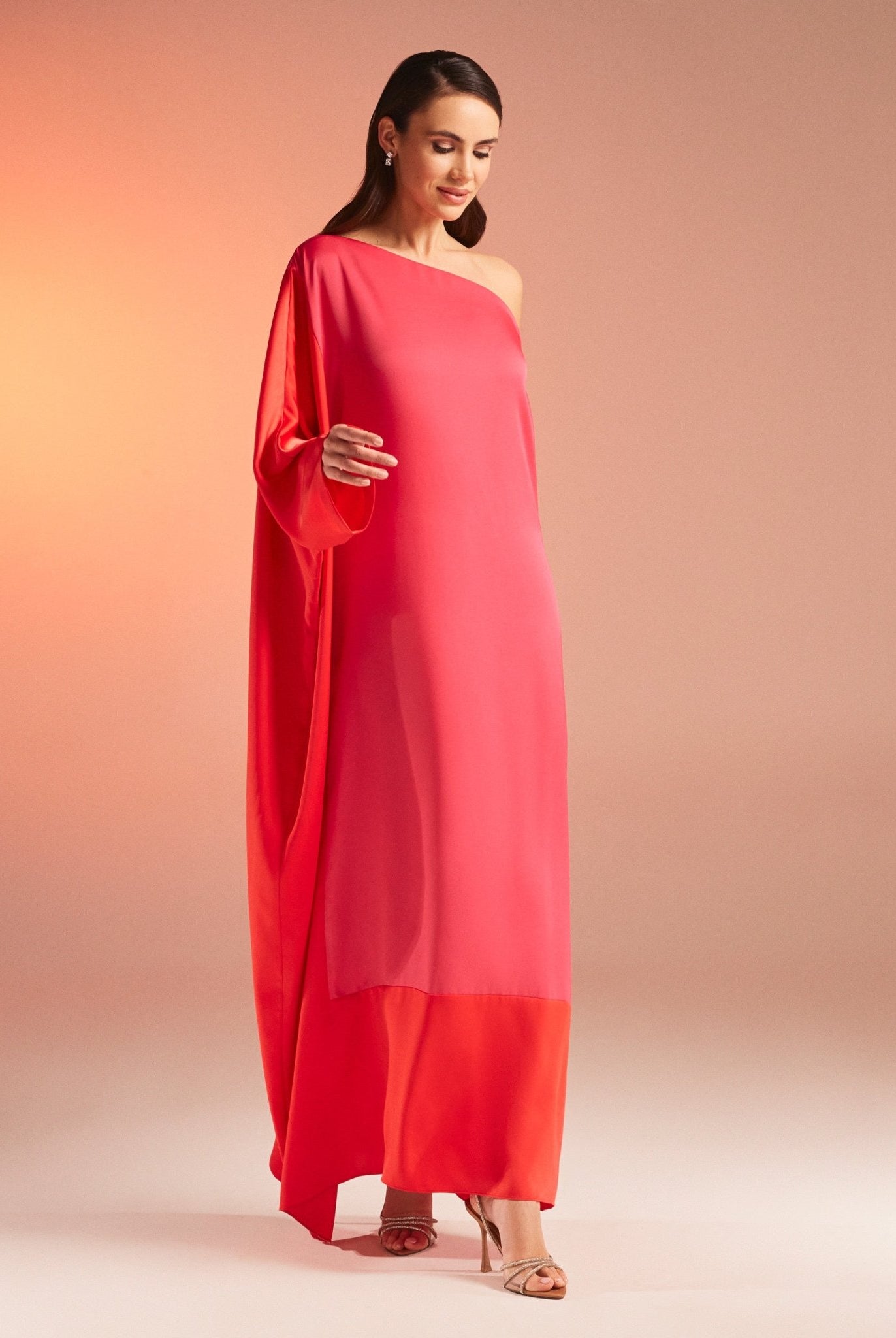Long Sleeve One Shoulder Satin Kaftan - shopaleena