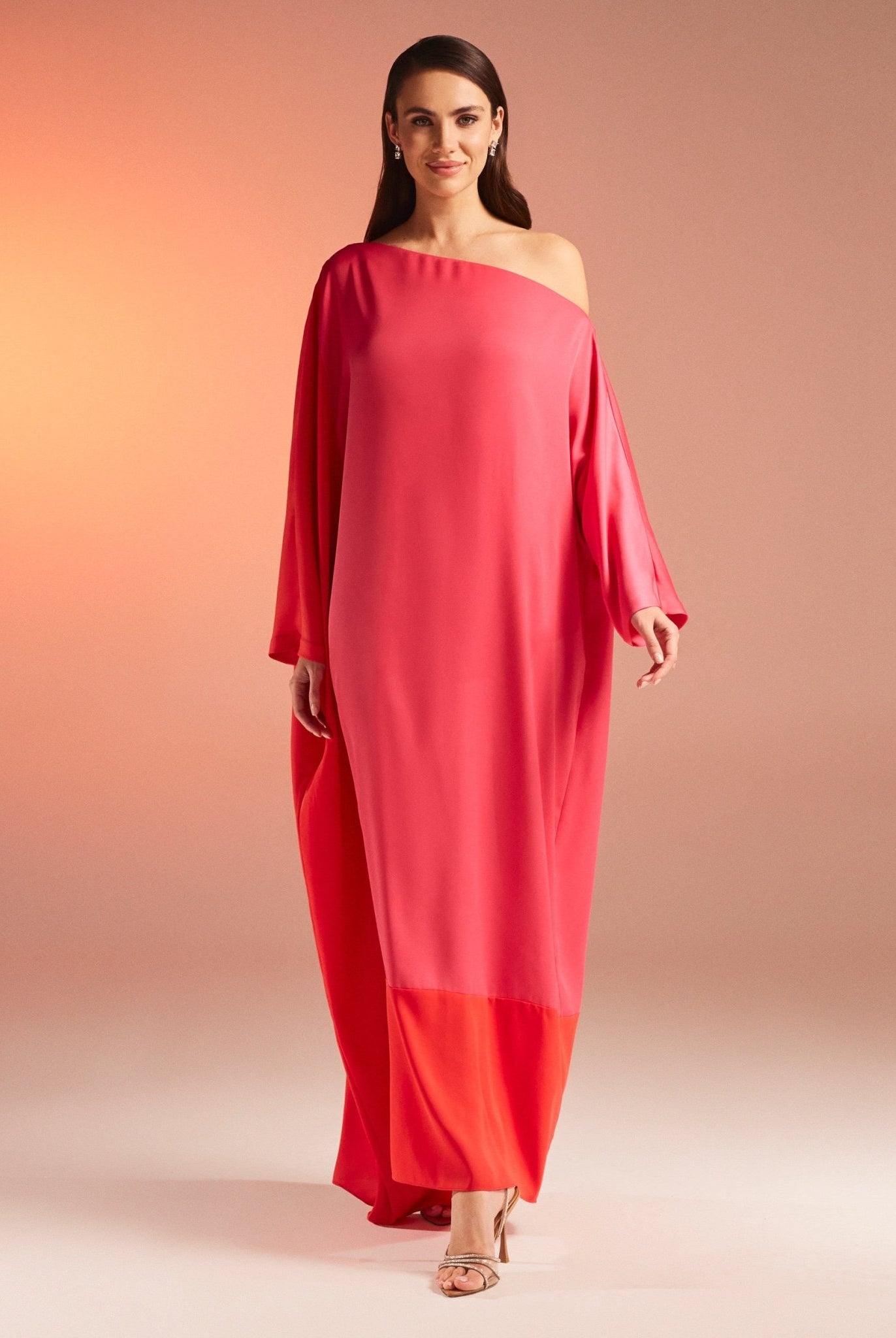 Long Sleeve One Shoulder Satin Kaftan - shopaleena
