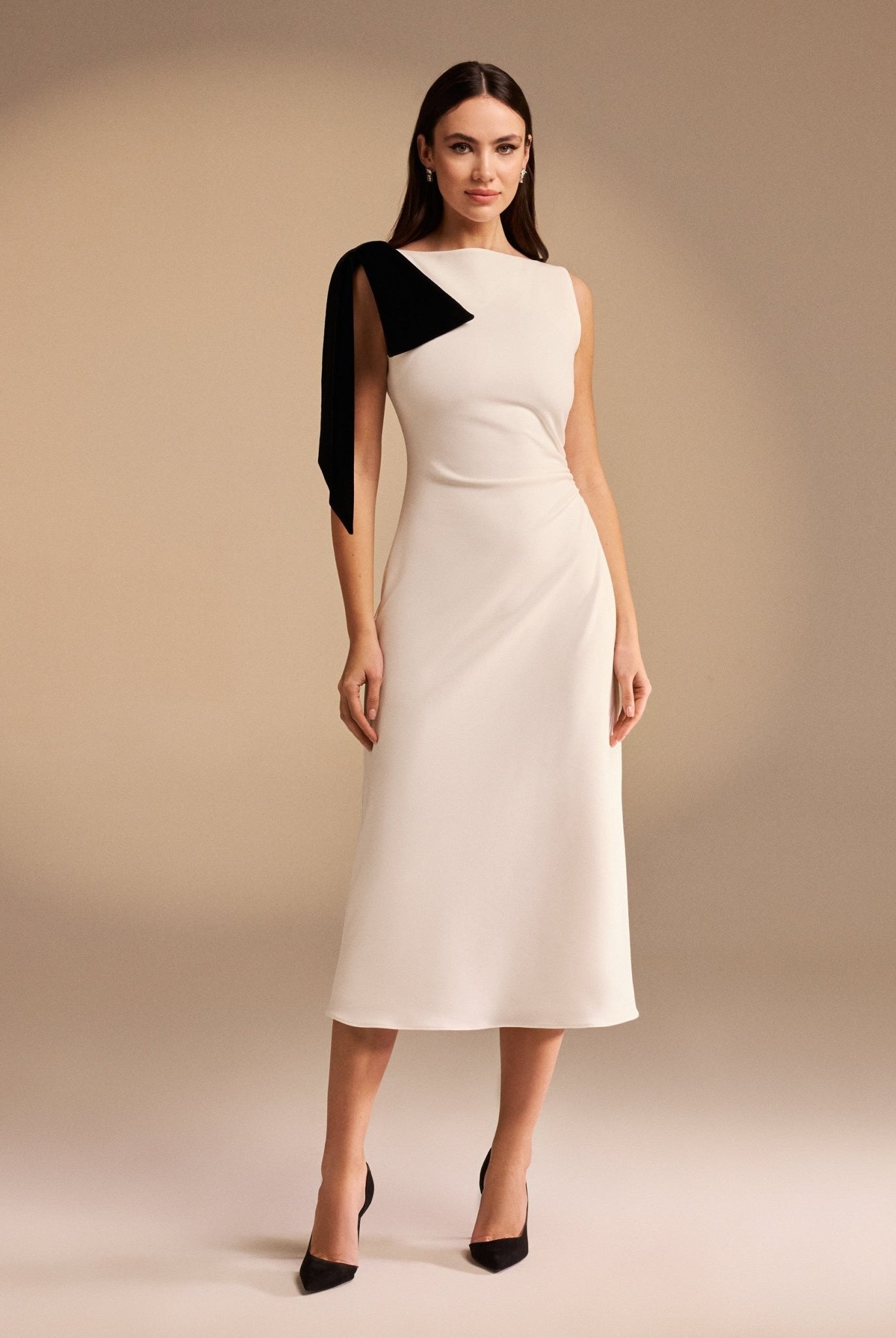 Midi Crepe Dress with shoulder Bow - shopaleena