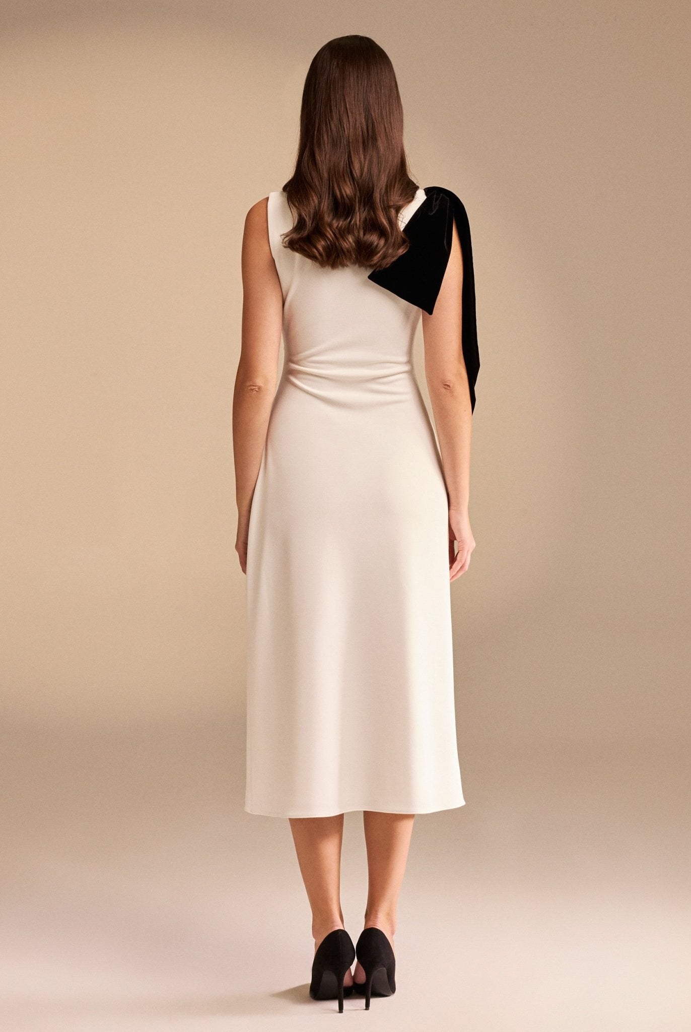 Midi Crepe Dress with shoulder Bow - shopaleena