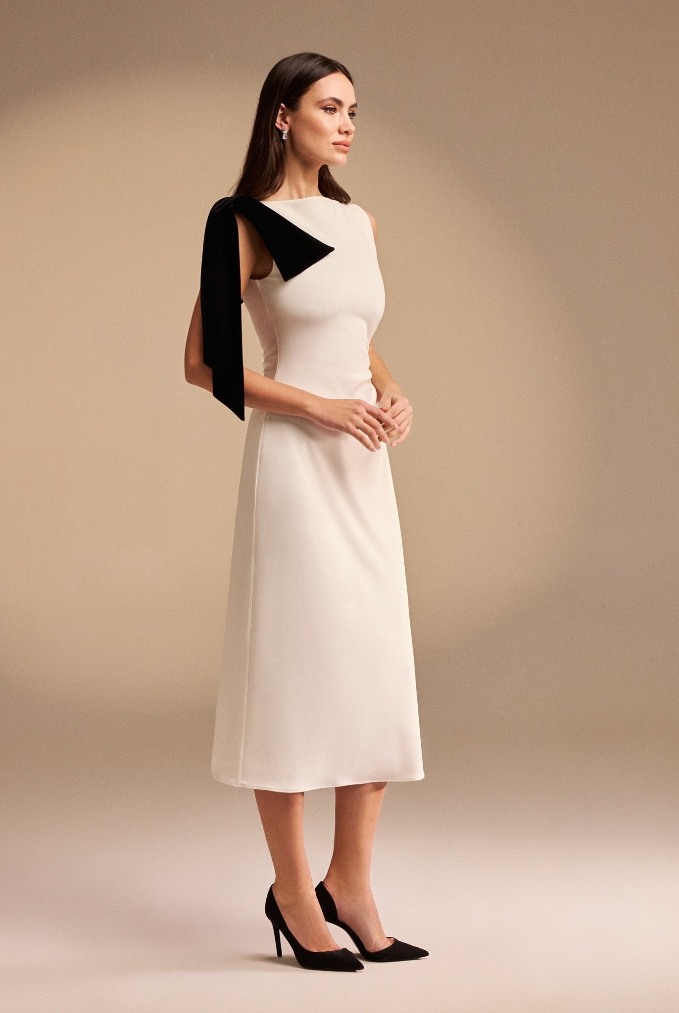 Midi Crepe Dress with shoulder Bow - shopaleena