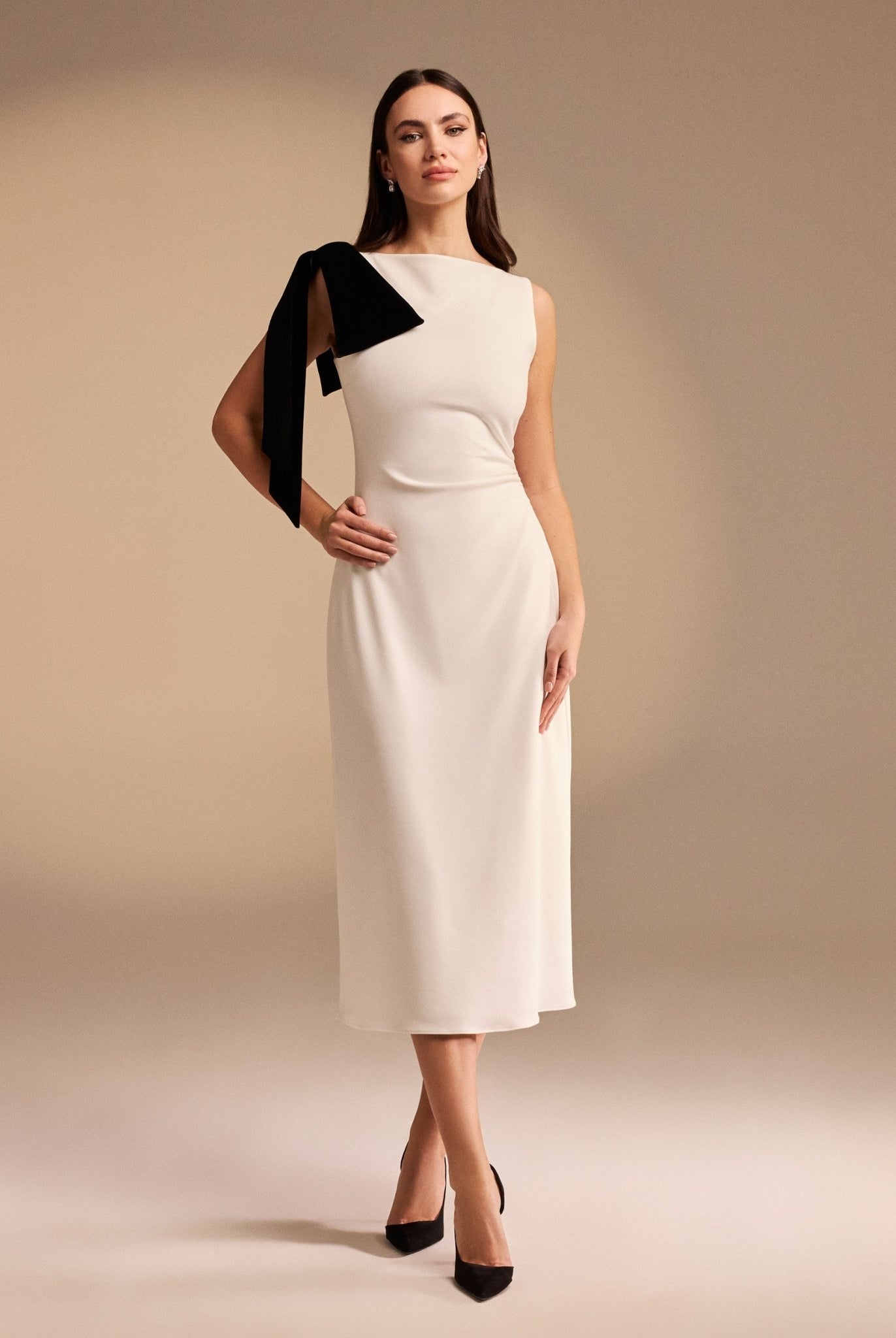 Midi Crepe Dress with shoulder Bow - shopaleena