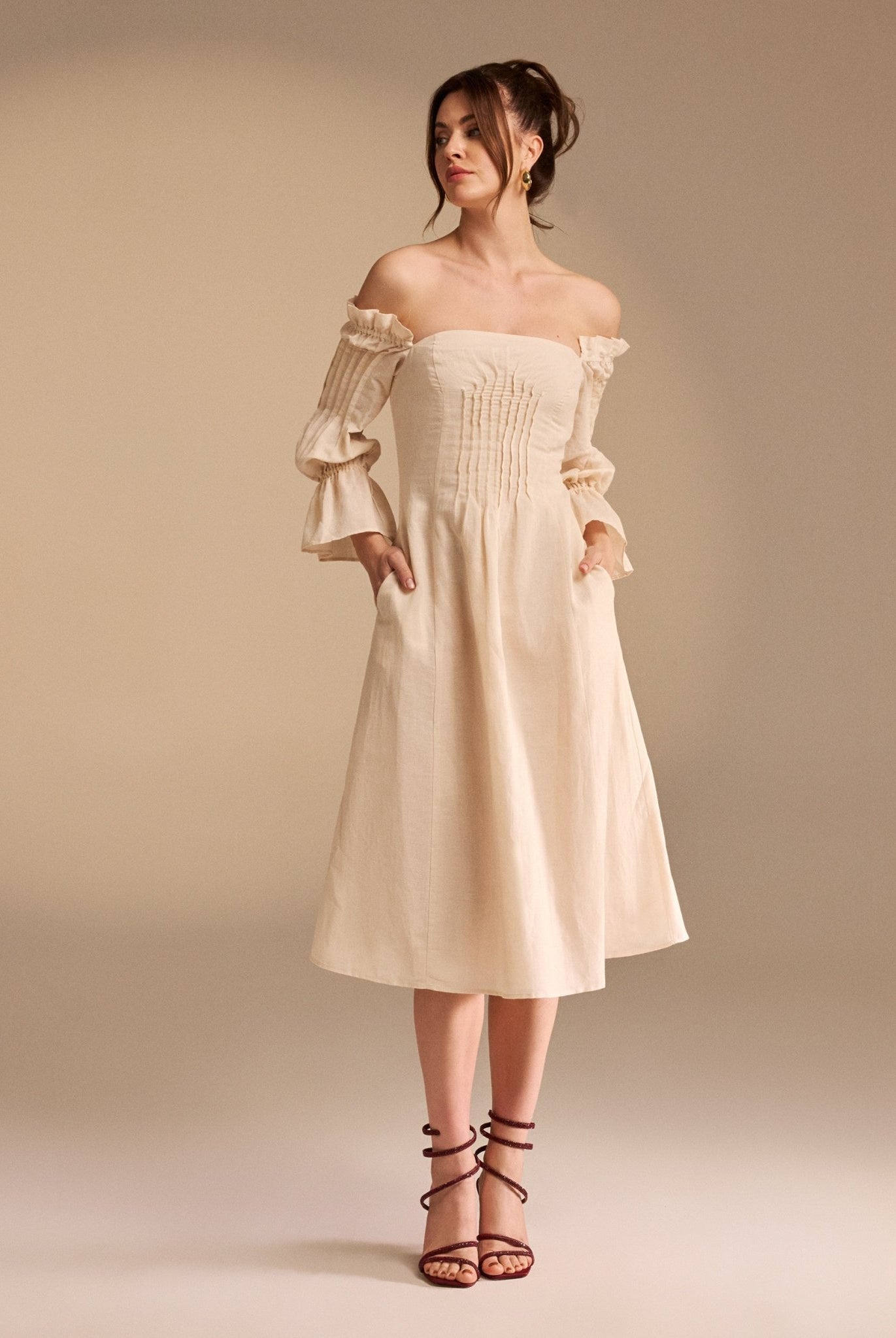 Off Shoulder Puff Sleeve Midi Dress in Linen Cotton Blend - shopaleena