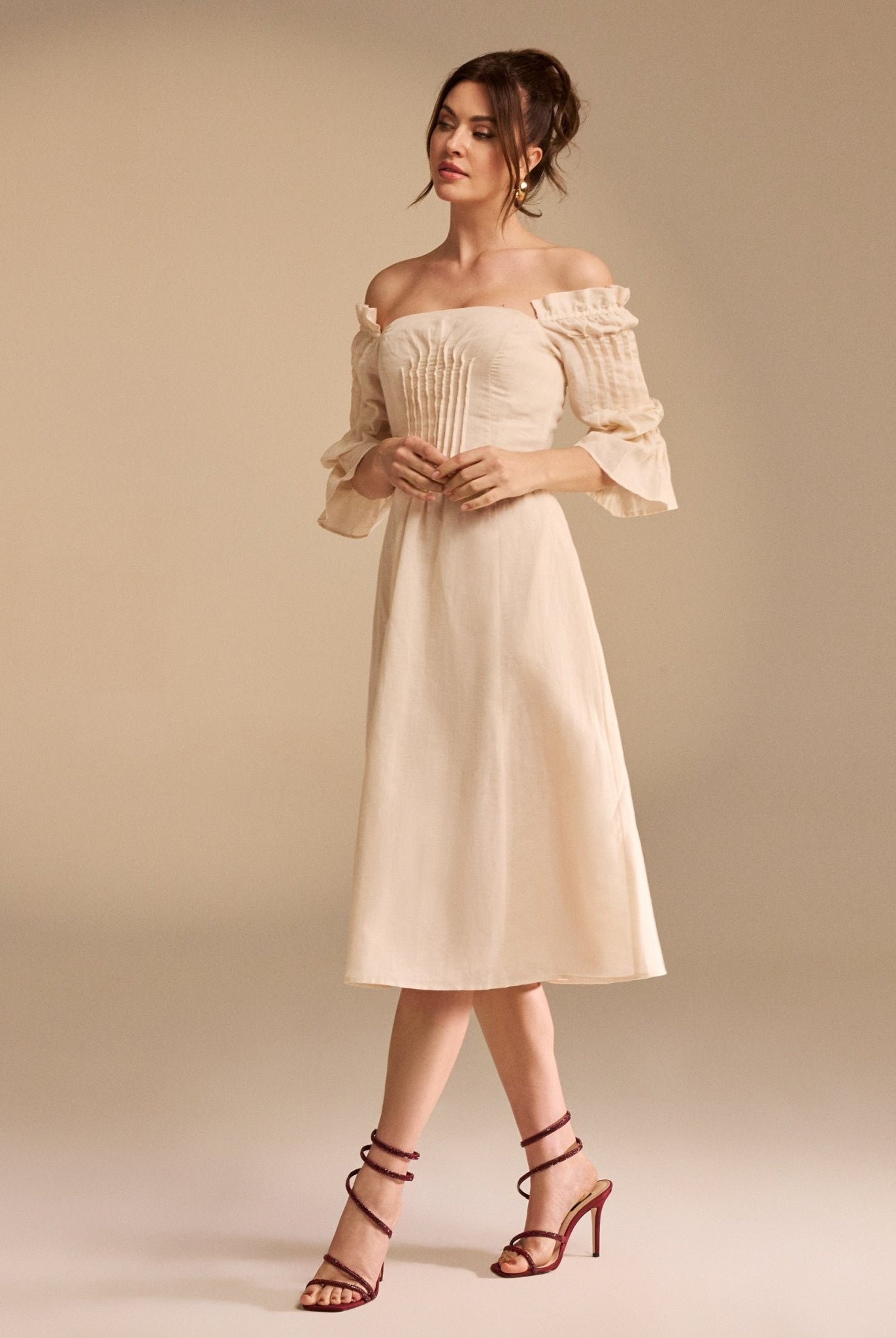 Off Shoulder Puff Sleeve Midi Dress in Linen Cotton Blend - shopaleena