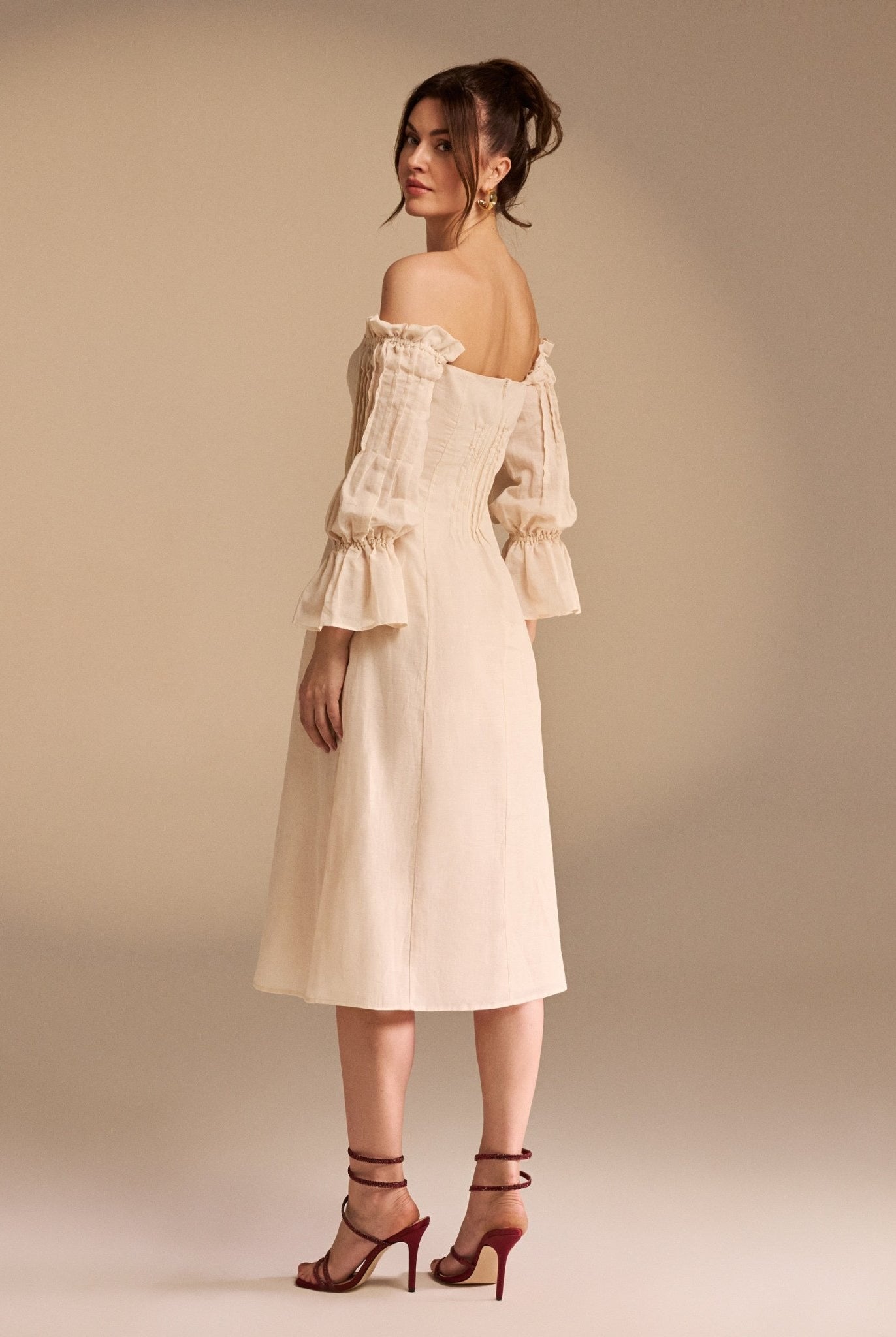 Off Shoulder Puff Sleeve Midi Dress in Linen Cotton Blend - shopaleena