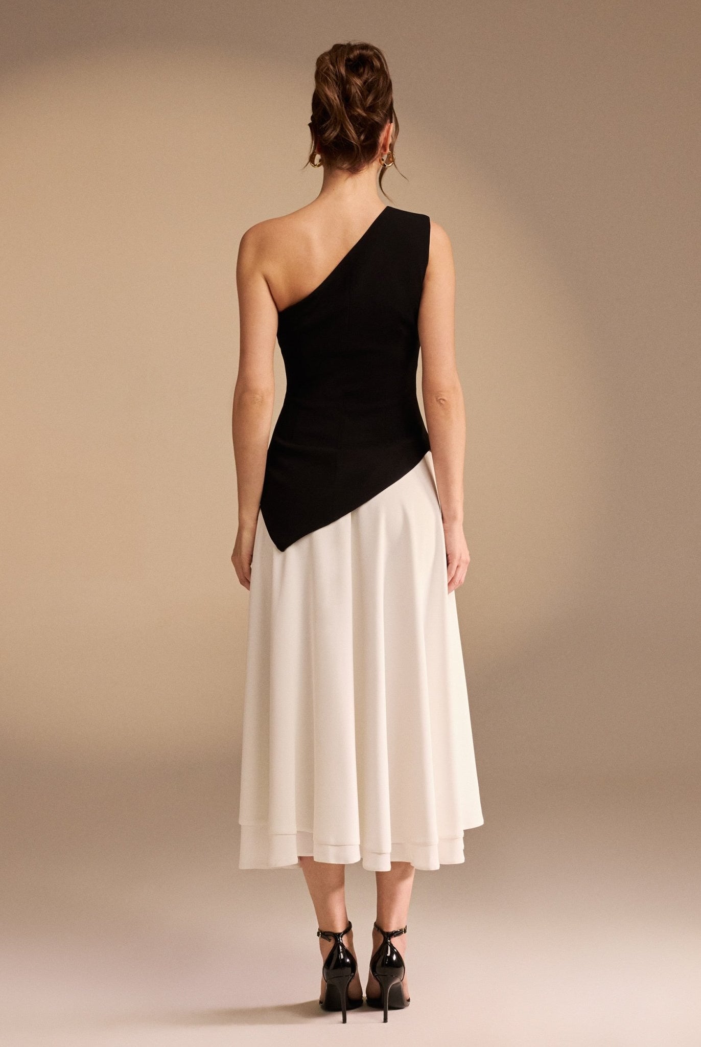 One Shoulder Crepe Midi Dress With Pleats - shopaleena