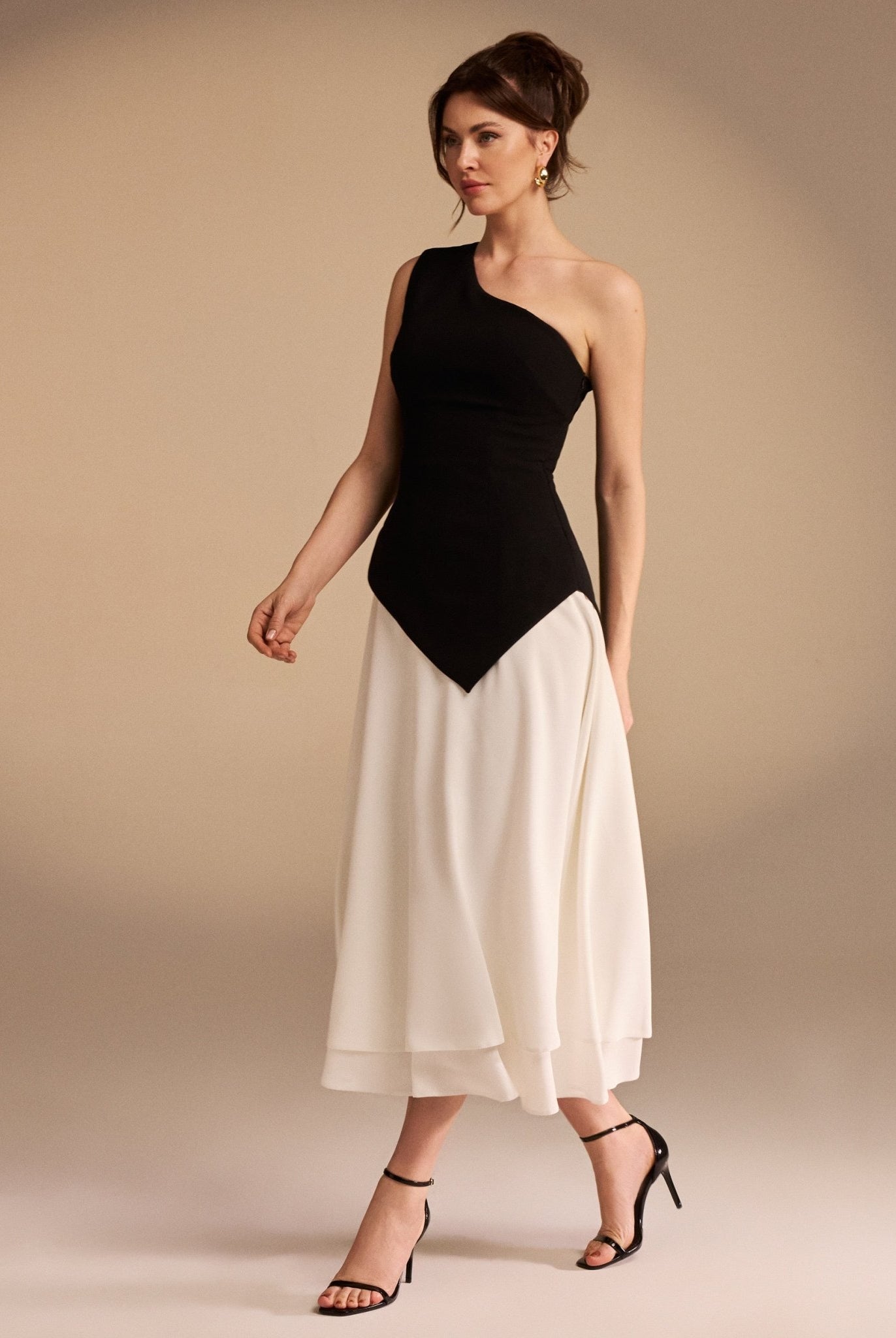 One Shoulder Crepe Midi Dress With Pleats - shopaleena