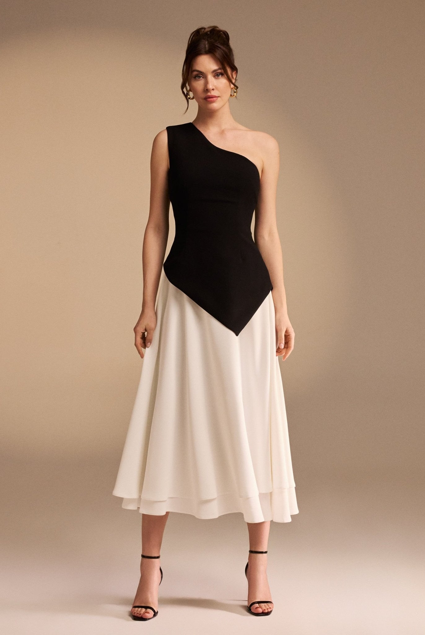 One Shoulder Crepe Midi Dress With Pleats - shopaleena