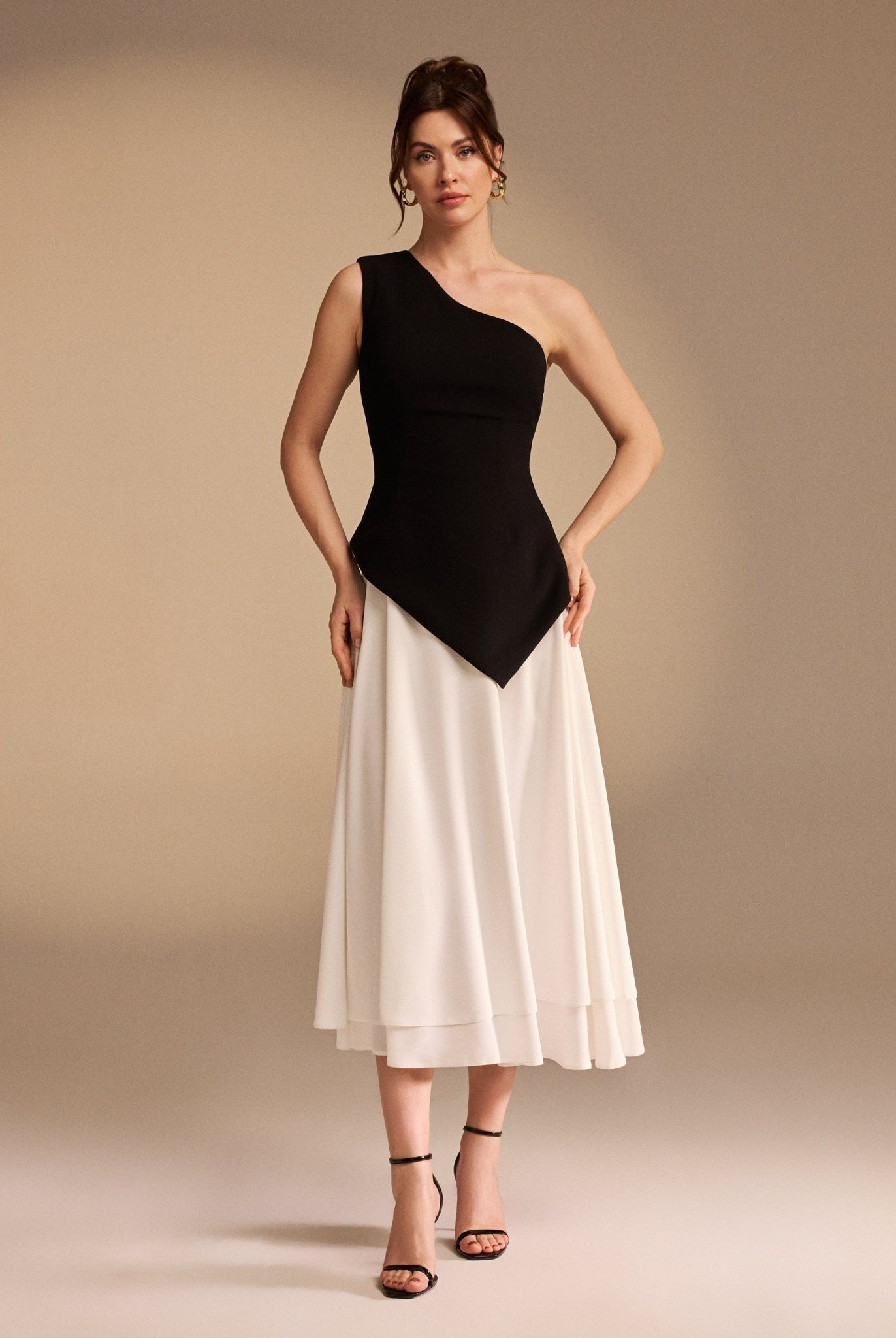 One Shoulder Crepe Midi Dress With Pleats - shopaleena