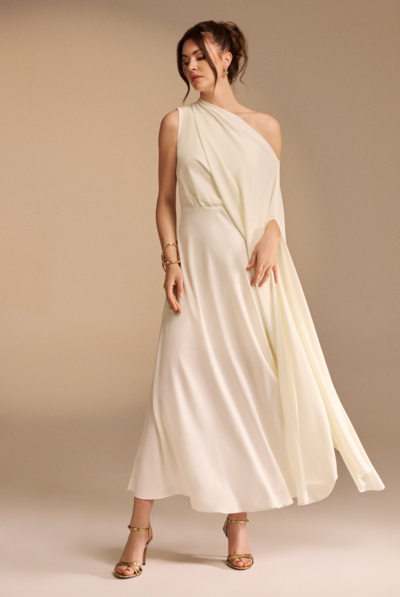 One Shoulder Draped A-line Midi Dress - shopaleena