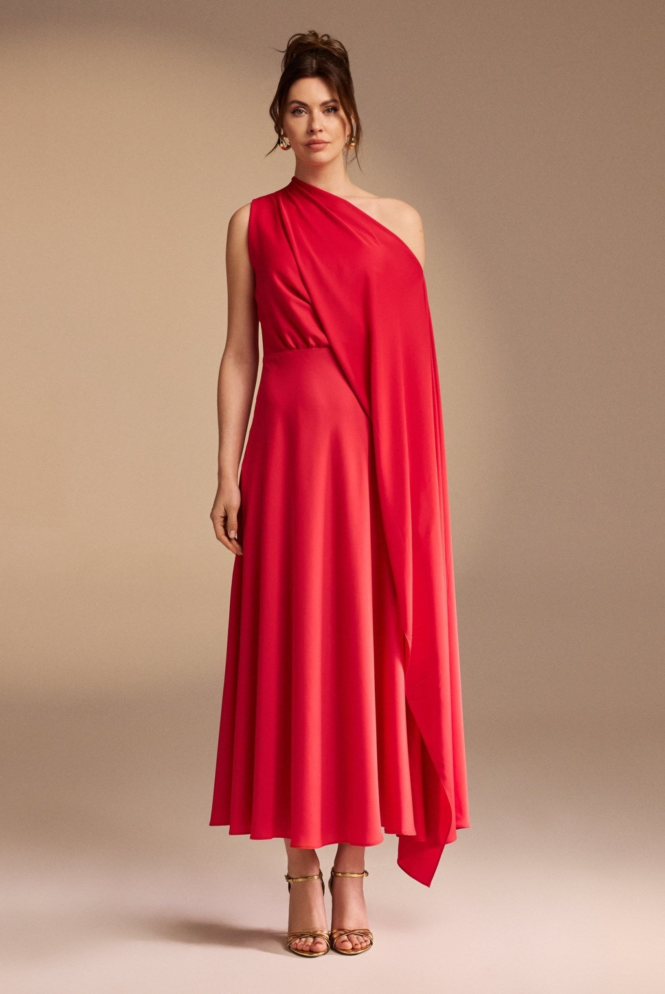 One Shoulder Draped A-line Midi Dress - shopaleena