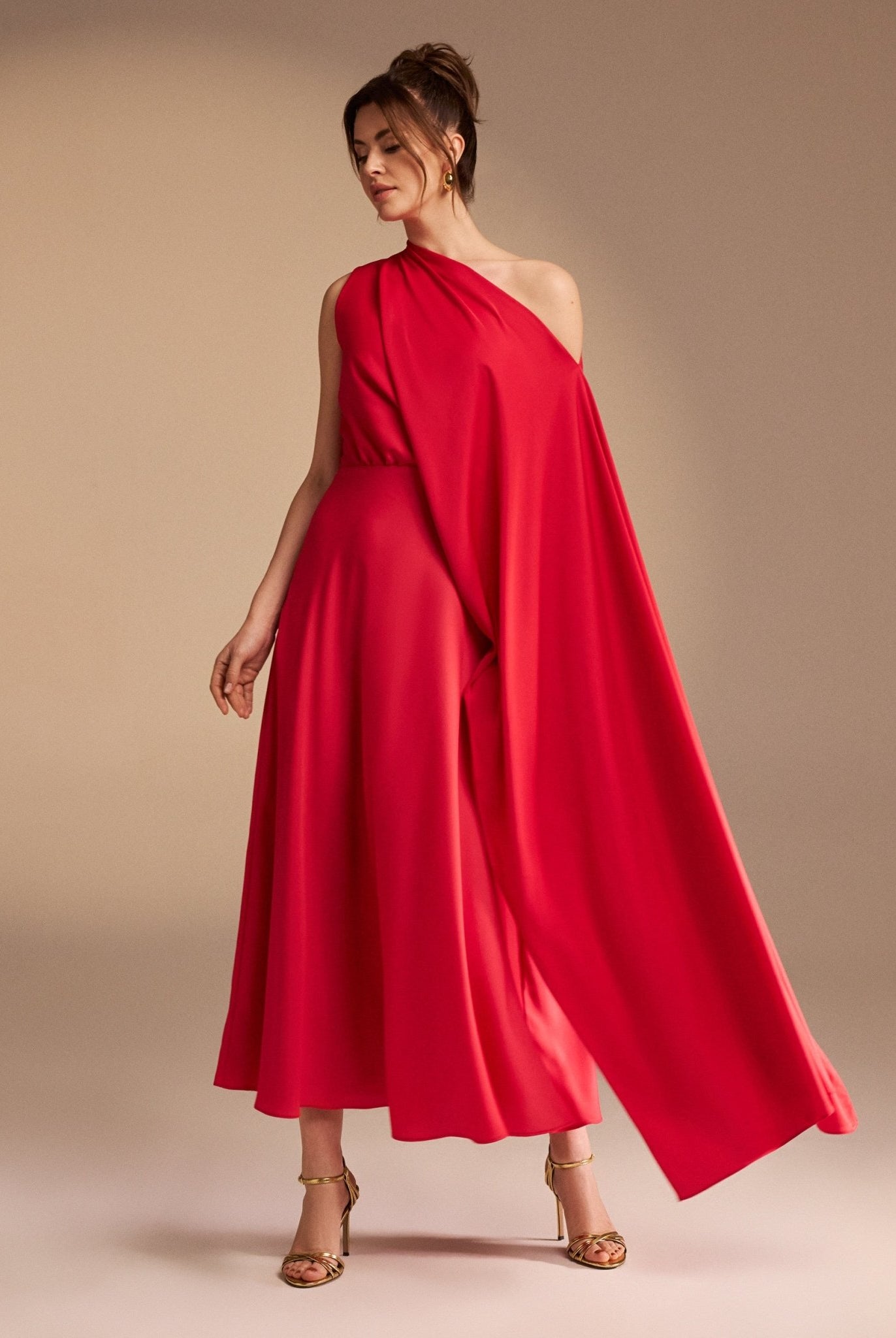 One Shoulder Draped A-line Midi Dress - shopaleena