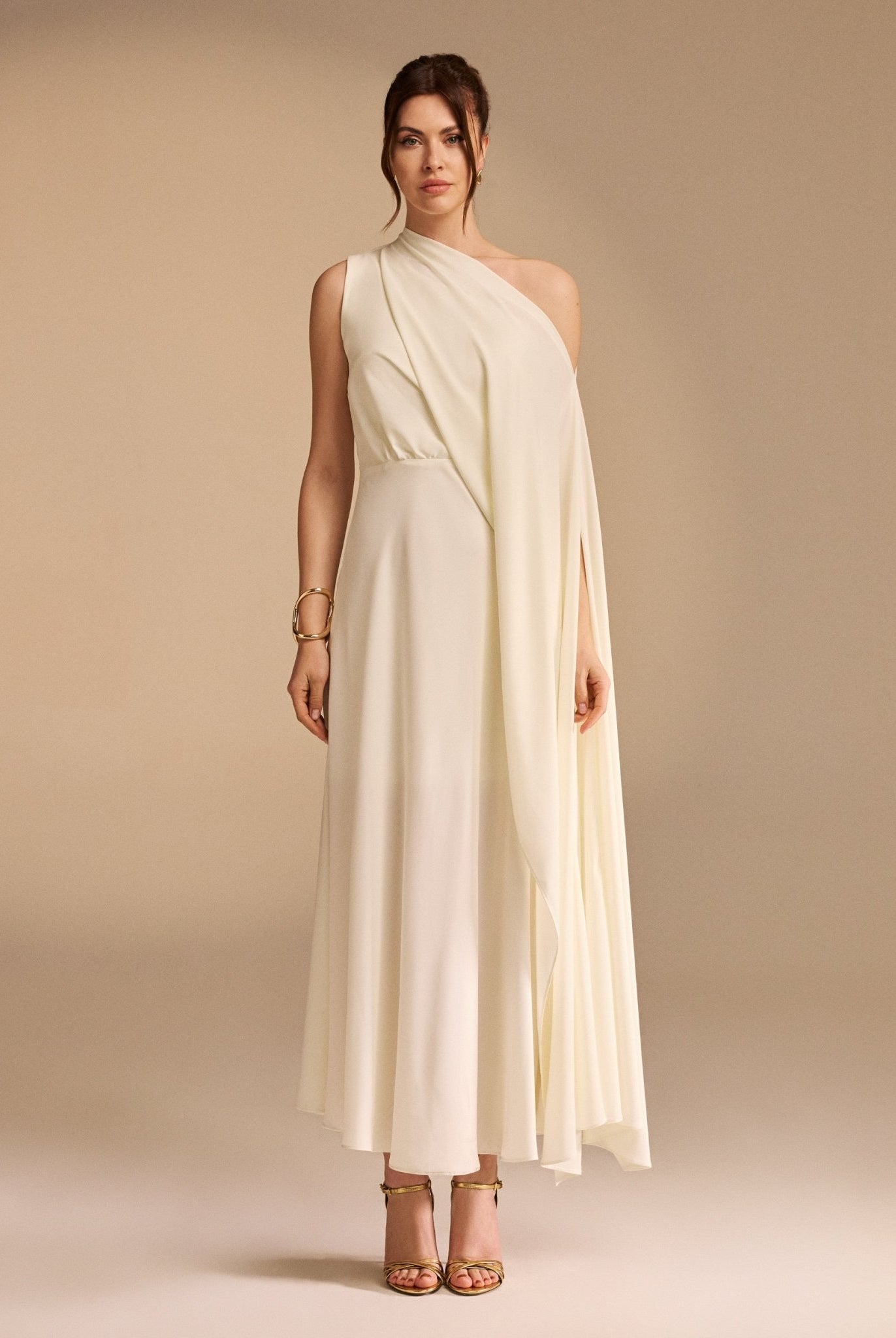 One Shoulder Draped A-line Midi Dress - shopaleena