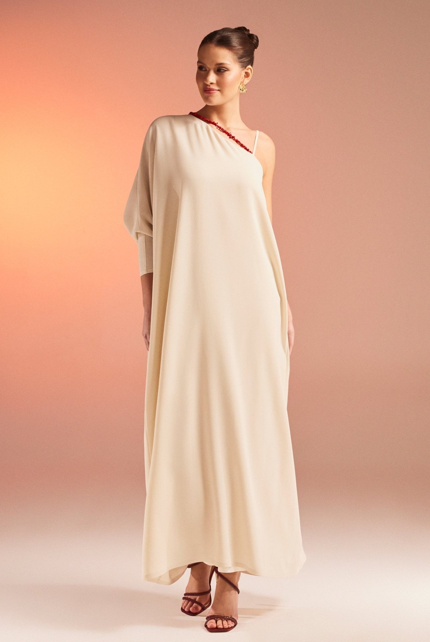 One Shoulder Long Sleeve Crepe Kaftan - shopaleena