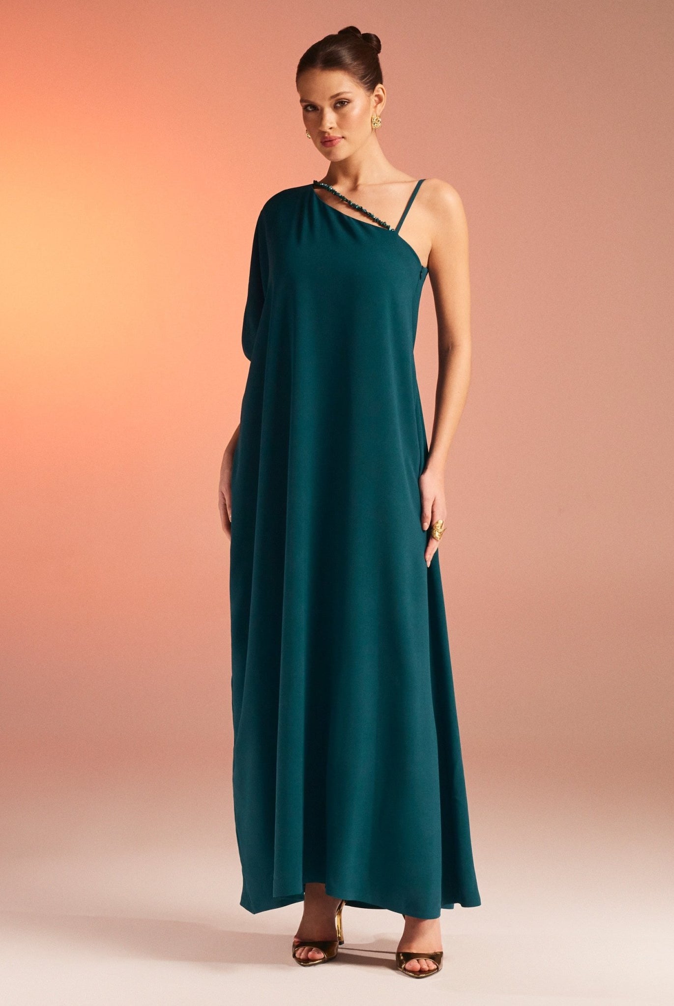 One Shoulder Long Sleeve Crepe Kaftan - shopaleena