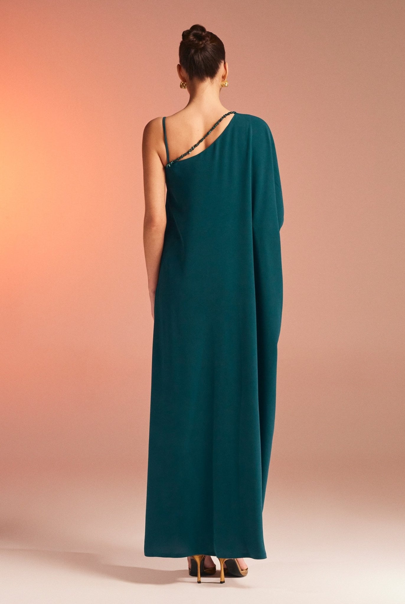 One Shoulder Long Sleeve Crepe Kaftan - shopaleena